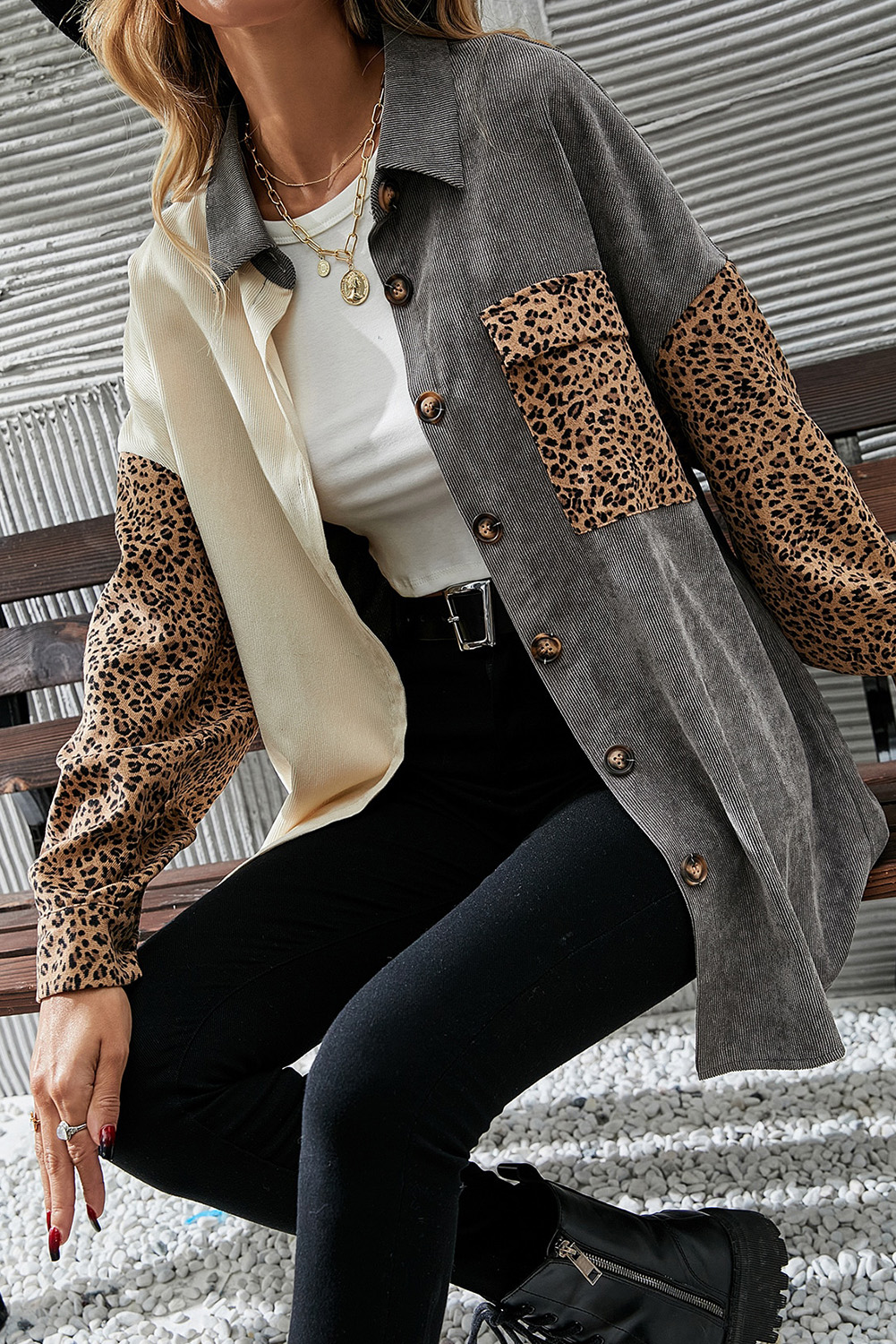 Gray Color Block Leopard Patchwork Casual Corduroy Shacket
