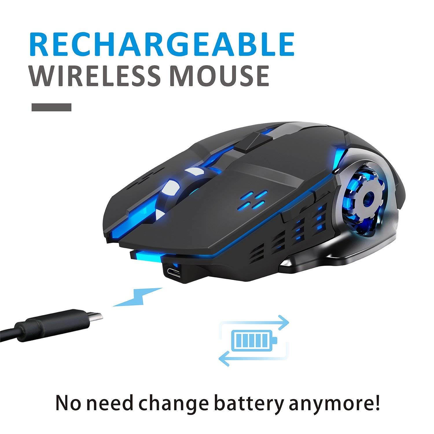 Zgeer Rechargeable Wireless Gaming Mouse, Bluetooth USB Computer Mouse, 2.4G LED Color Changing Optical Silent, Auto Sleeping, 4 Adjustable DPI, Compatible with Laptop/PC/Notebook (Black)