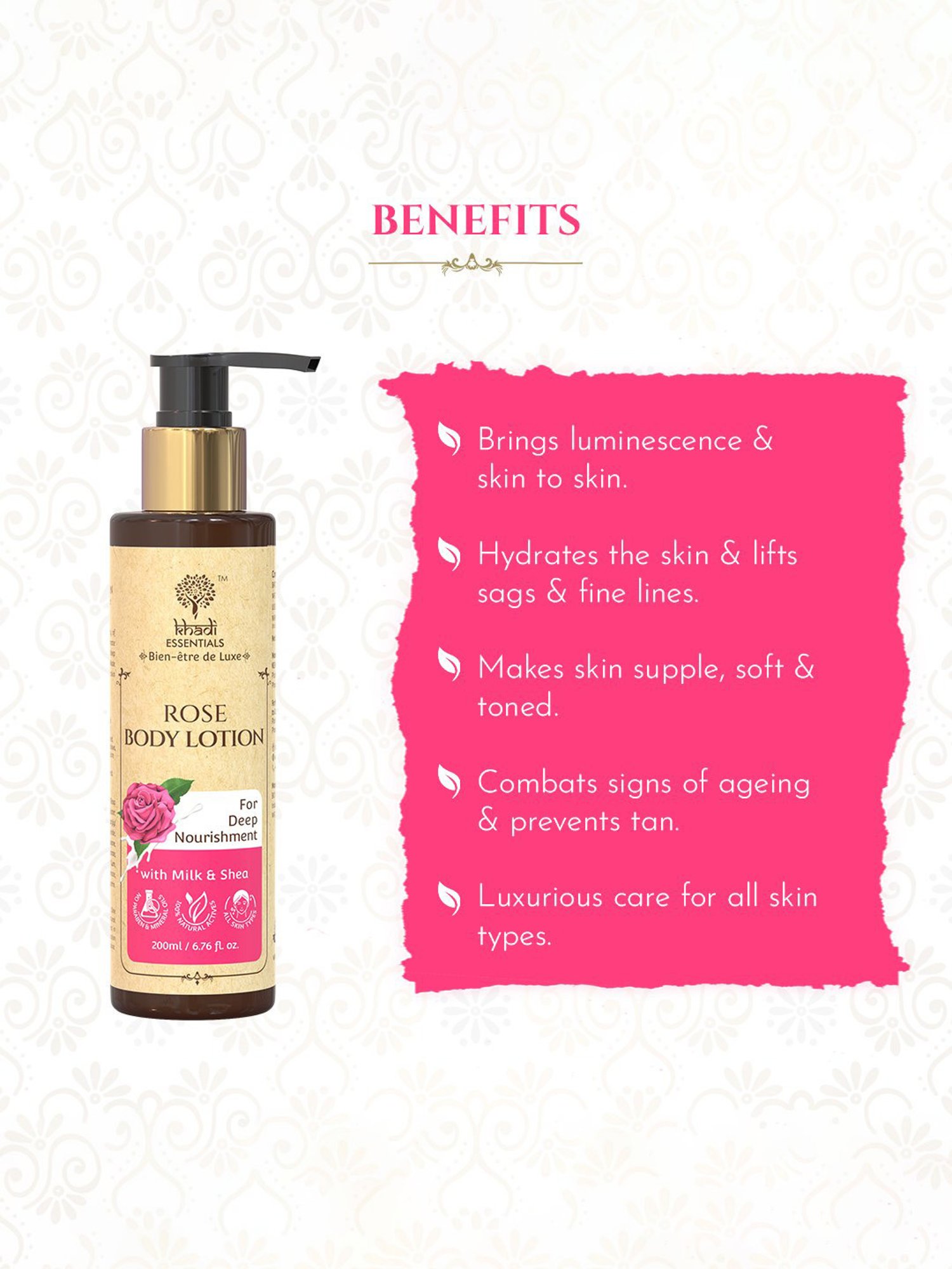Khadi Essentials Rose Body Lotion with Milk & Shea Helps in Deep Nourishment - 200 ml
