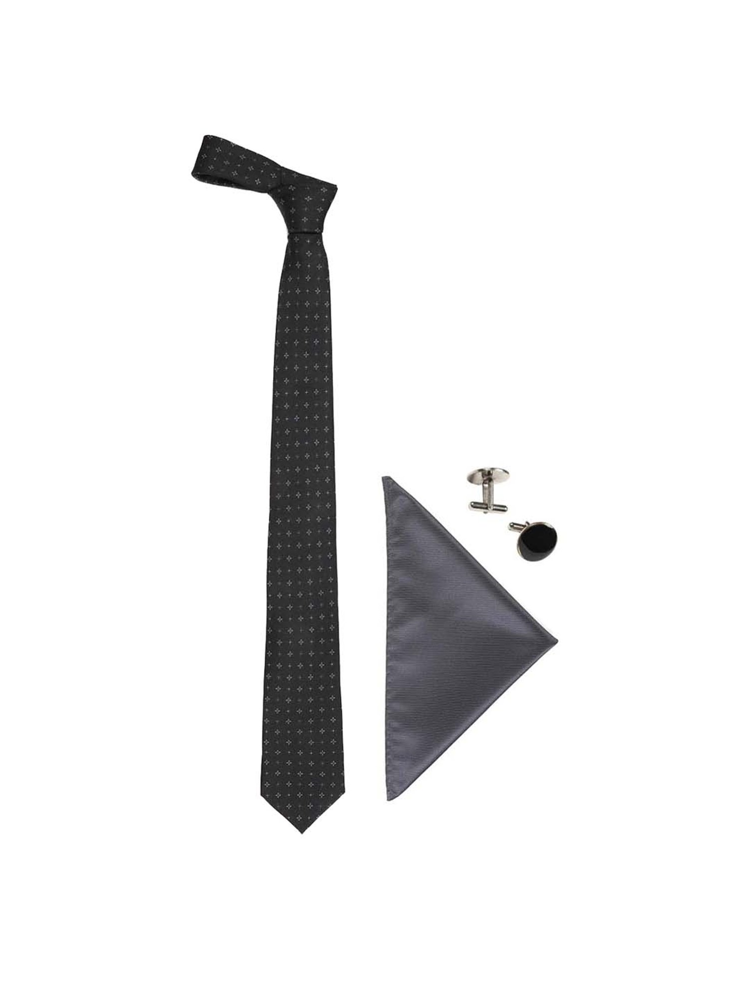Tossido Black Woven Necktie With Pocket Square and Cufflinks