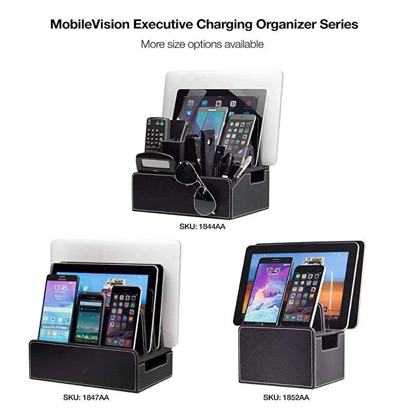 Charging Station Slim Black Faux Leather Executive Multi Device Organizer for Smartphones Tablets & Laptops Includes Charging Strip Combo