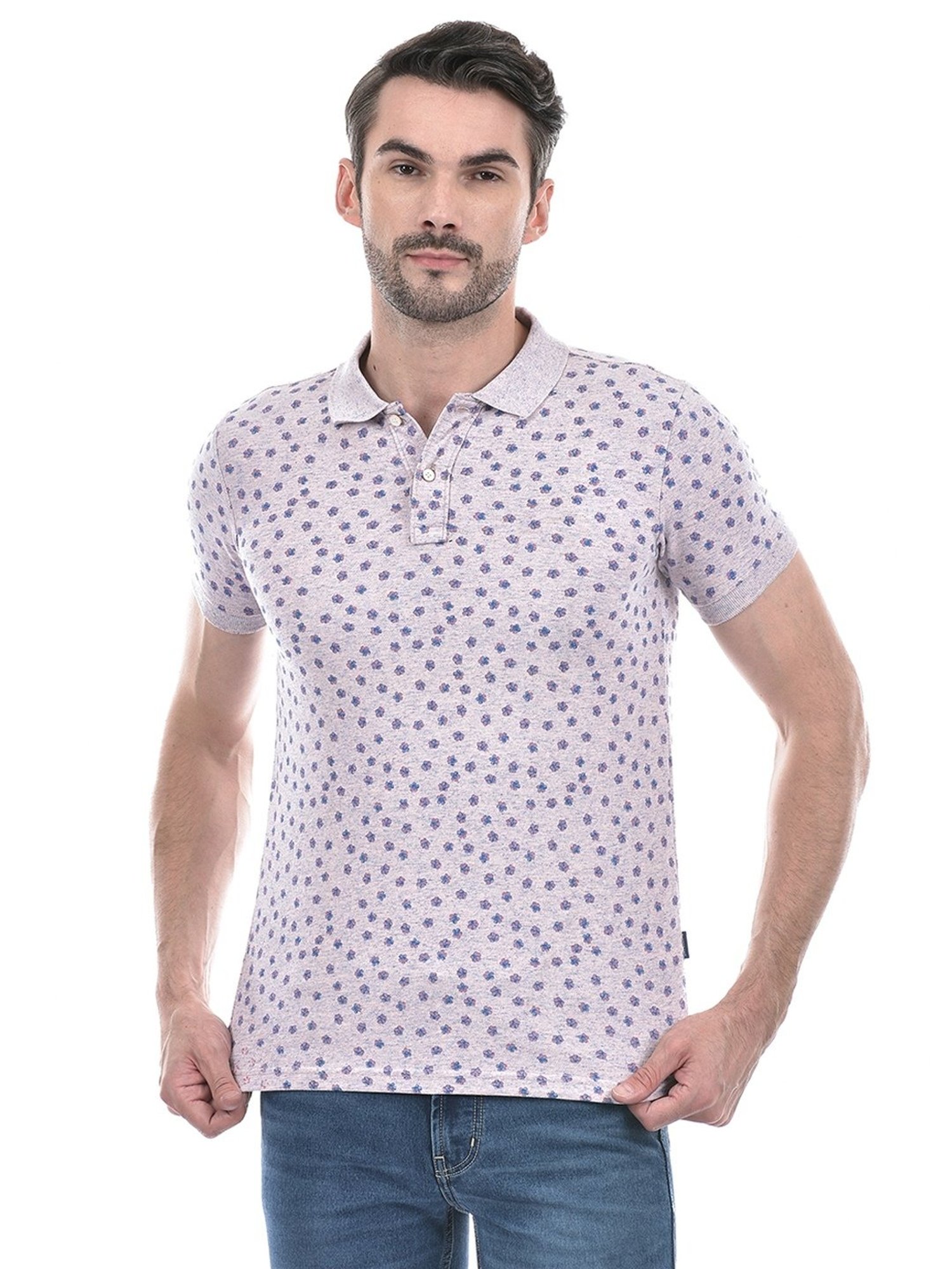 Numero Uno Pink Cotton Regular Fit Floral Print Polo T-Shirt