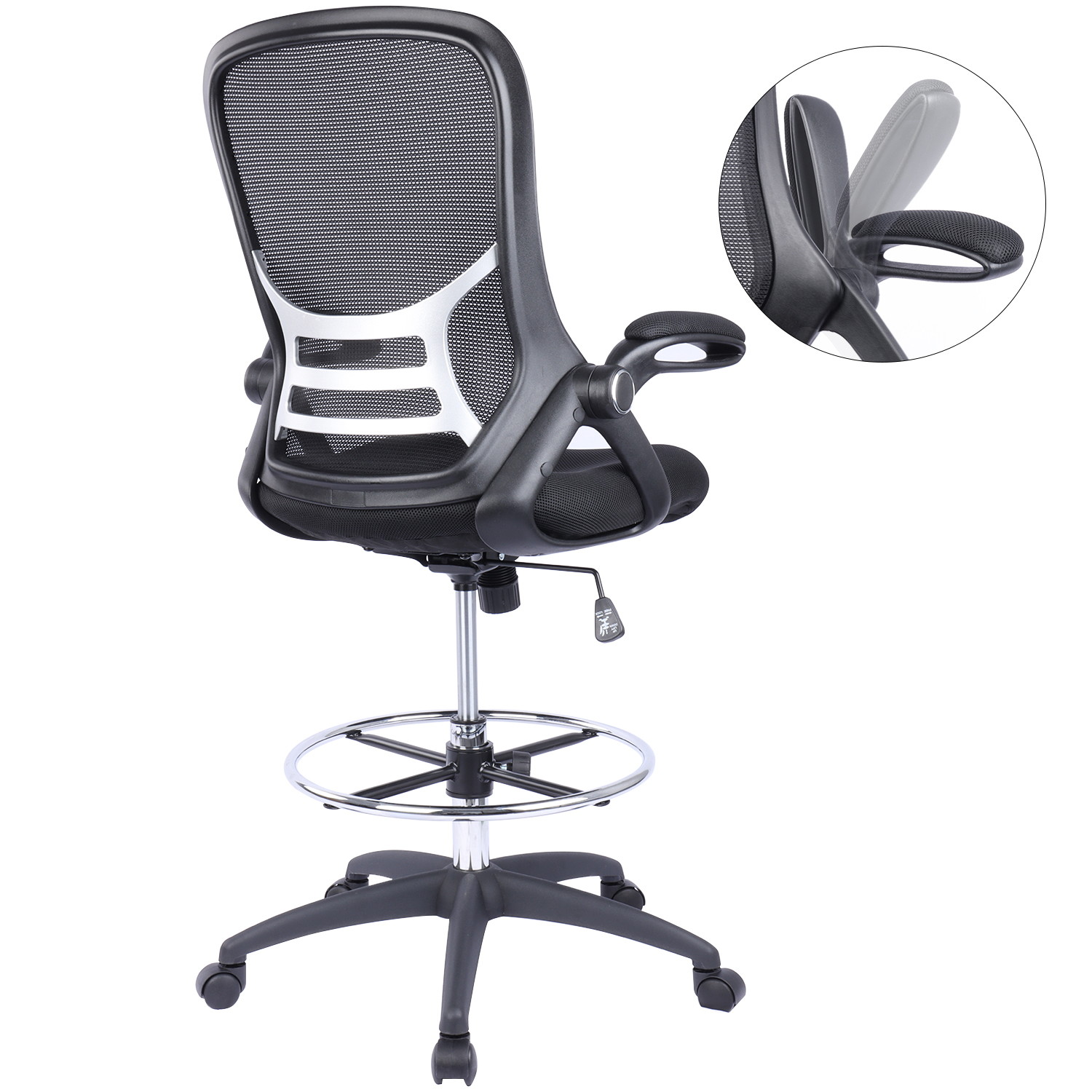 High-Back Mesh Ergonomic Drafting Chair Tall Office Chair Standing Desk Stool with Adjustable Foot Ring and Flip-Up Arms (Black)