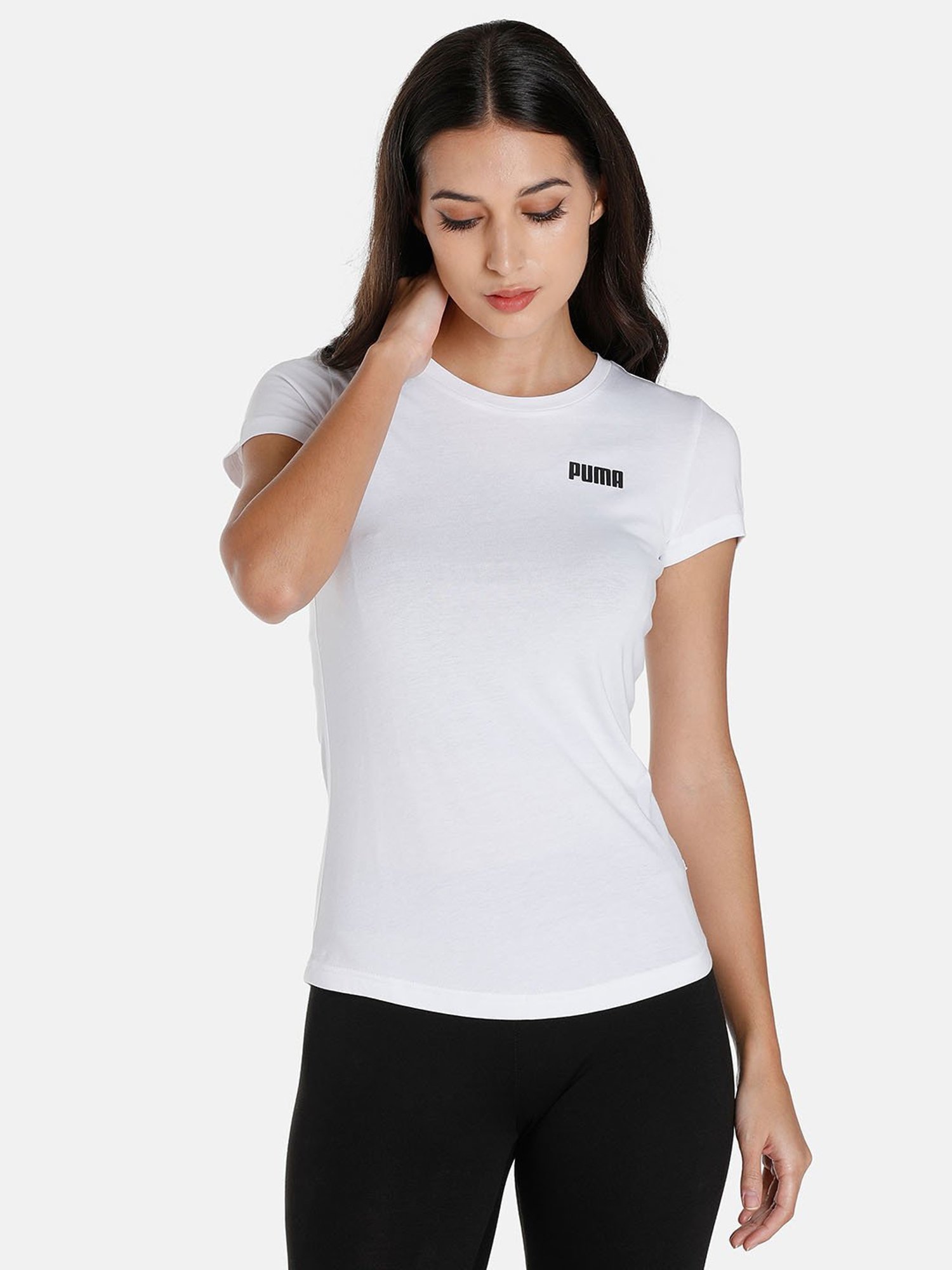 Puma White Cotton Logo Print Essential T-Shirt