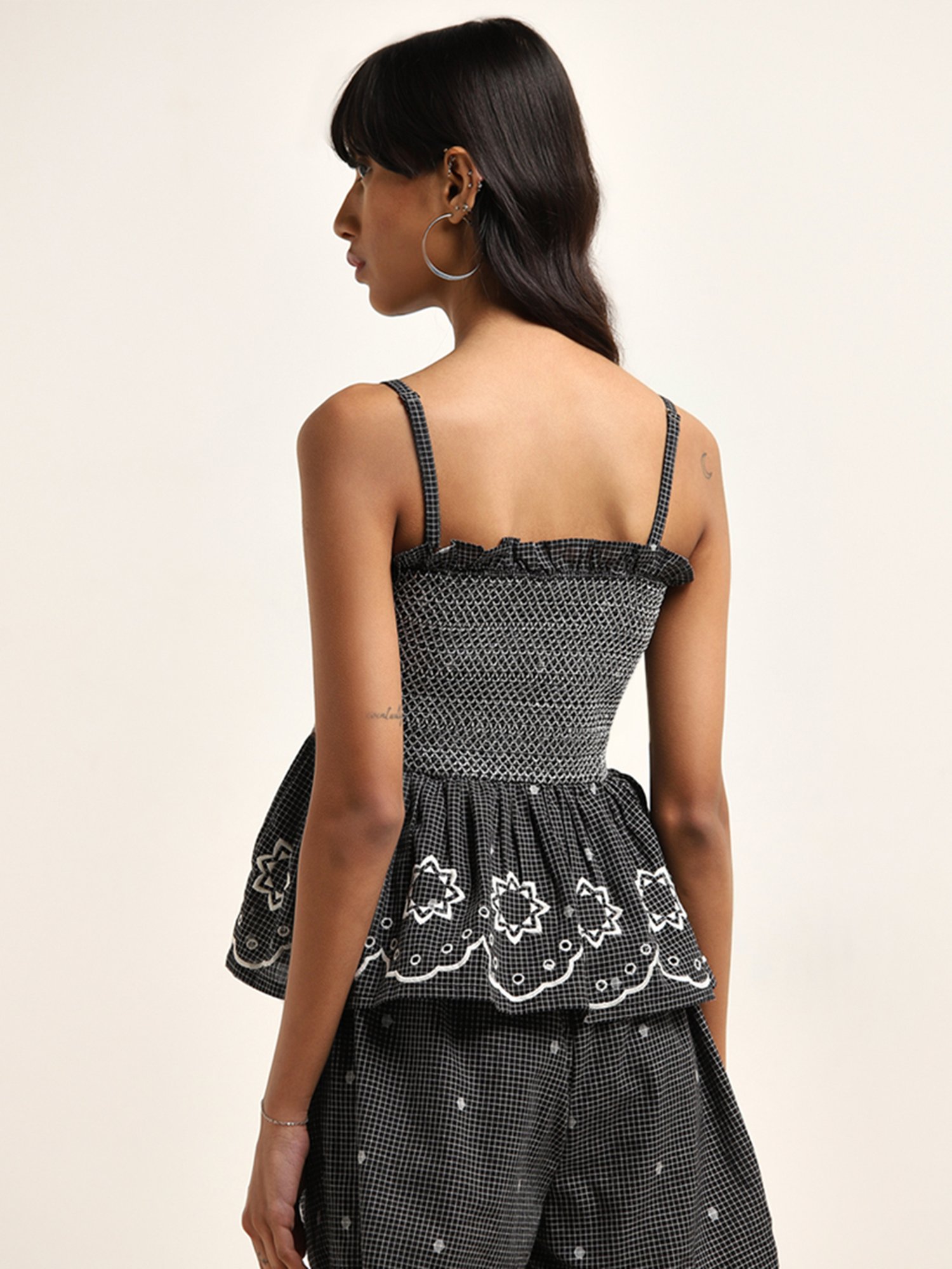 Bombay Paisley by Westside Black Checkered Design Peplum Cotton Top