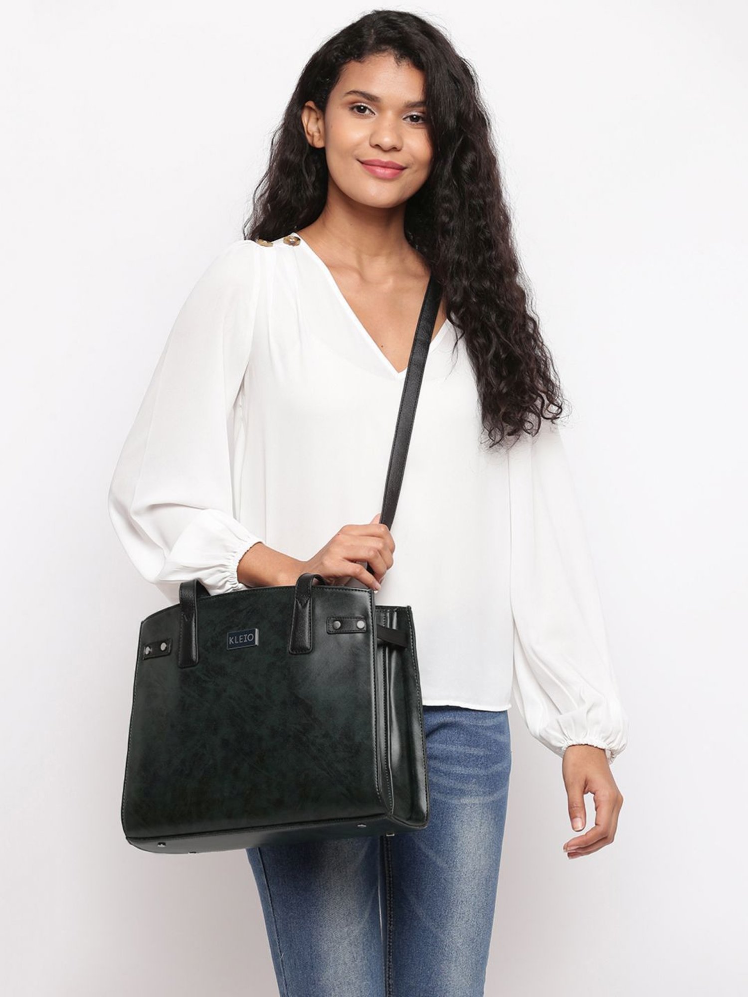 KLEIO Dark Green Solid Medium Handbag