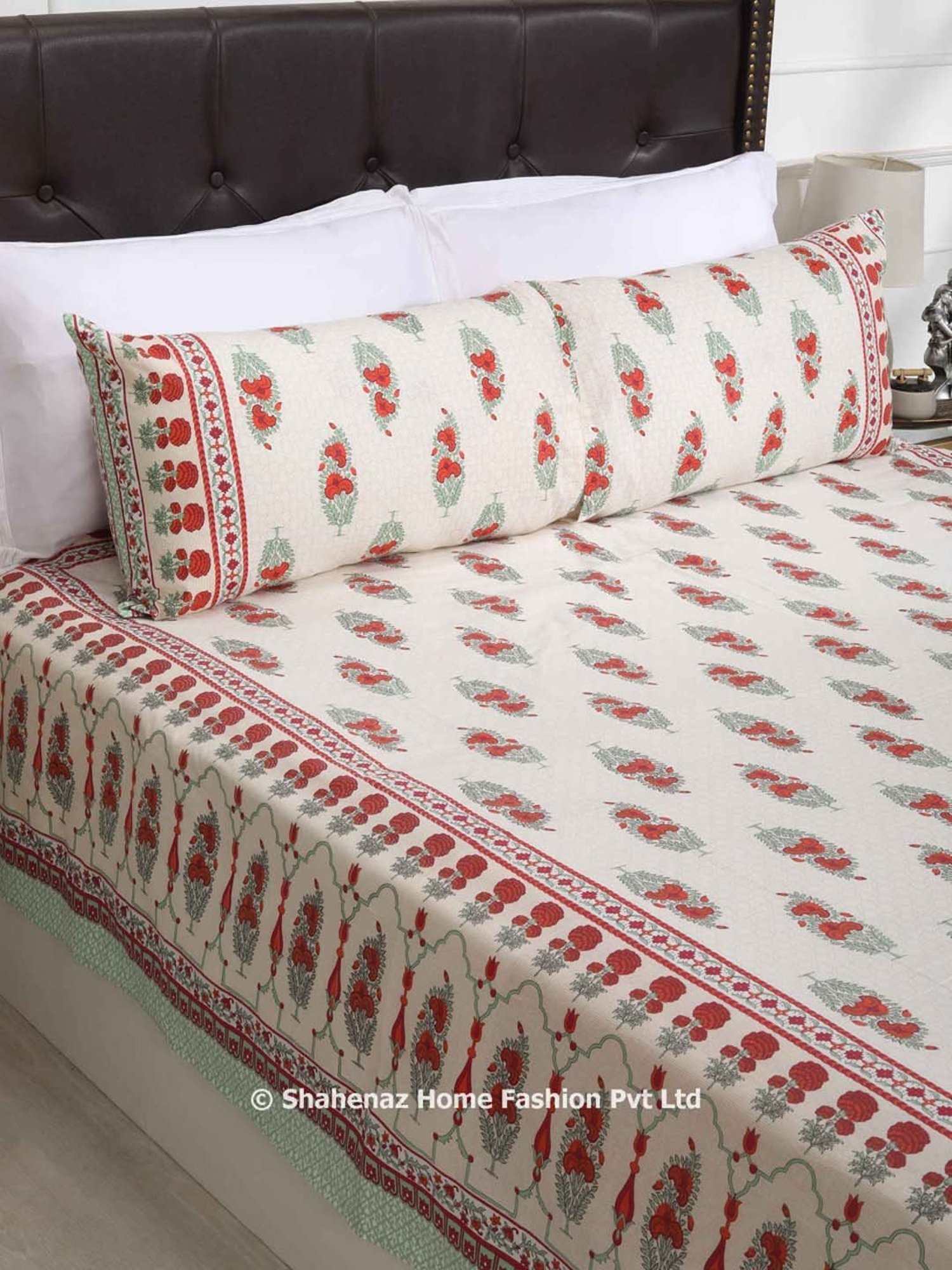 Shahenaz Green 120 TC Cotton Zainab Booti Double Bedsheet with 2 Pillow Covers