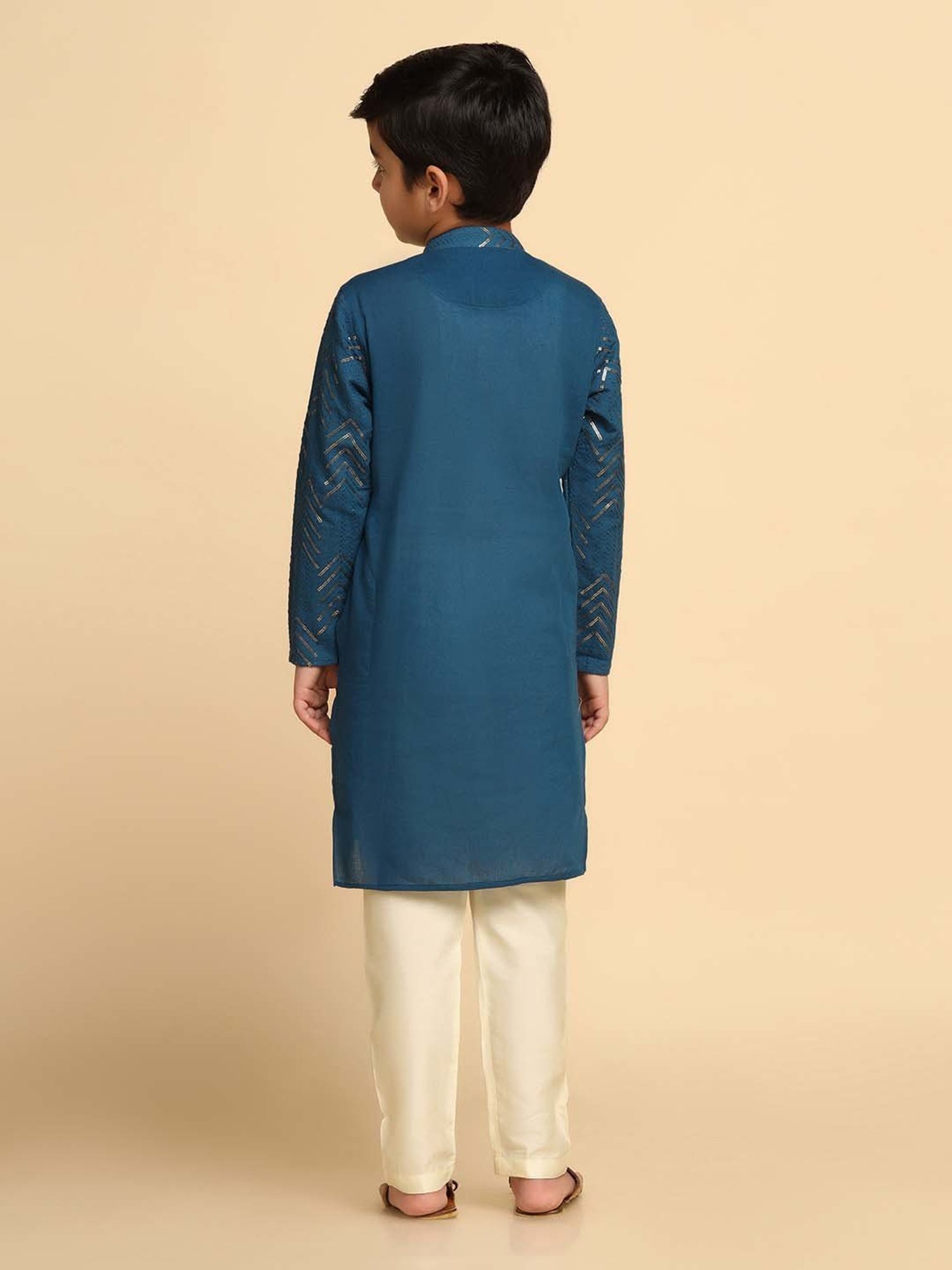 KISAH Kids Blue & White Cotton Embroidered Full Sleeves Kurta Set