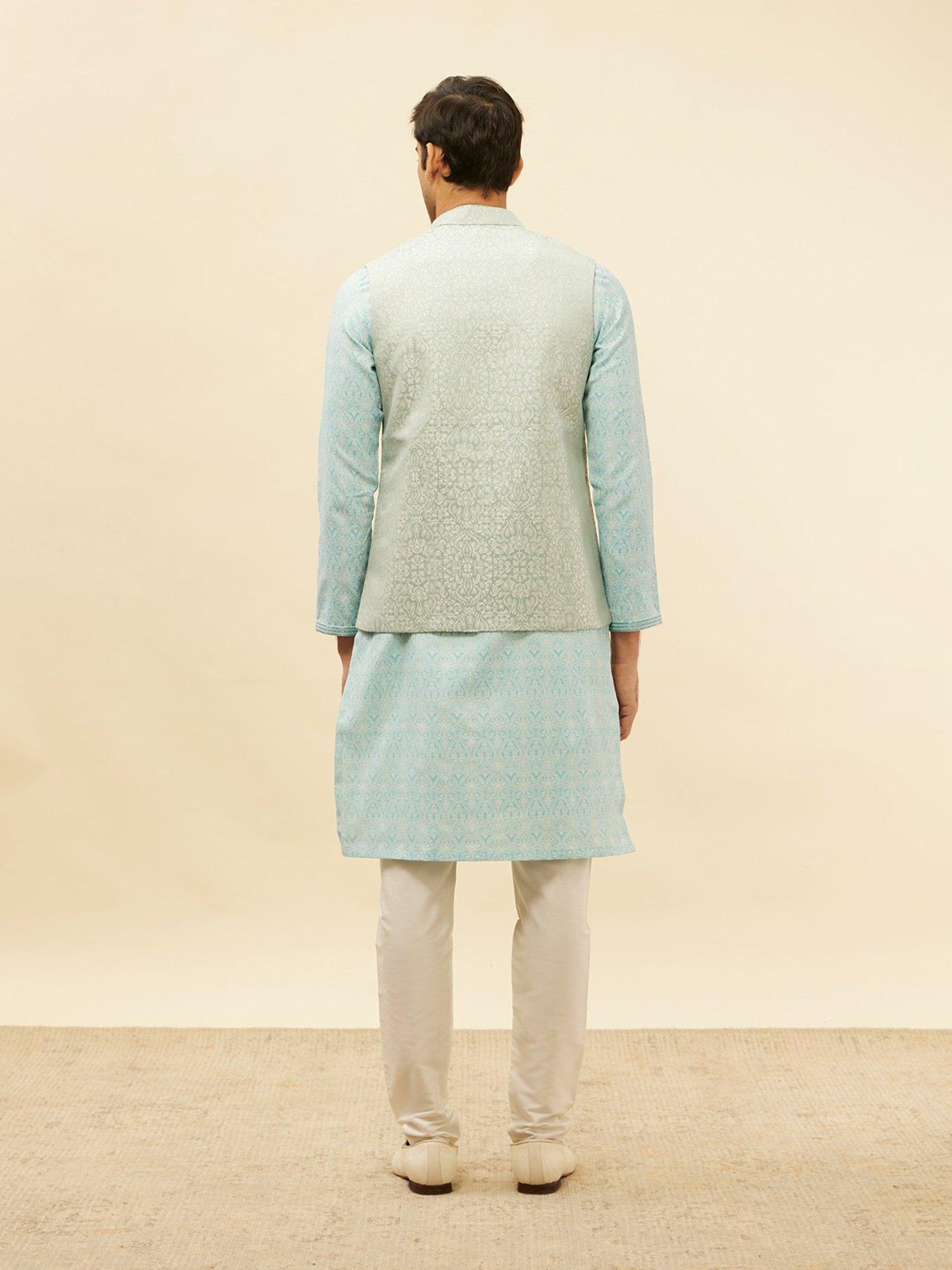 Manyavar Light Blue Regular Fit Jacquard Nehru Jacket