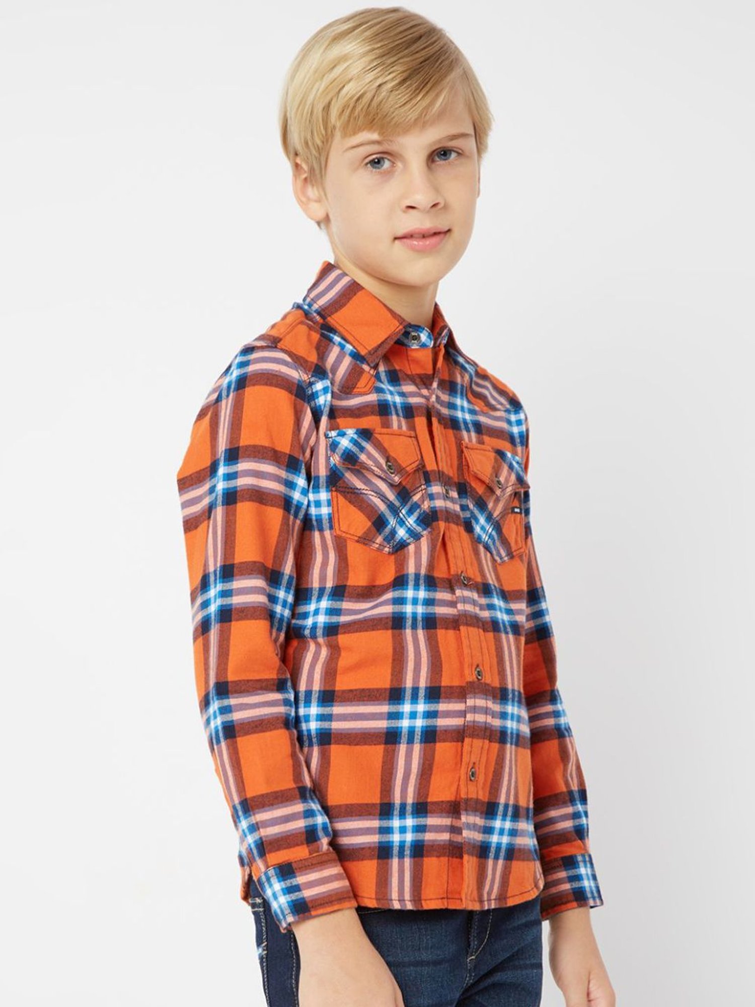 GAS Kids Orange & Blue Cotton Chequered Full Sleeves Shirt