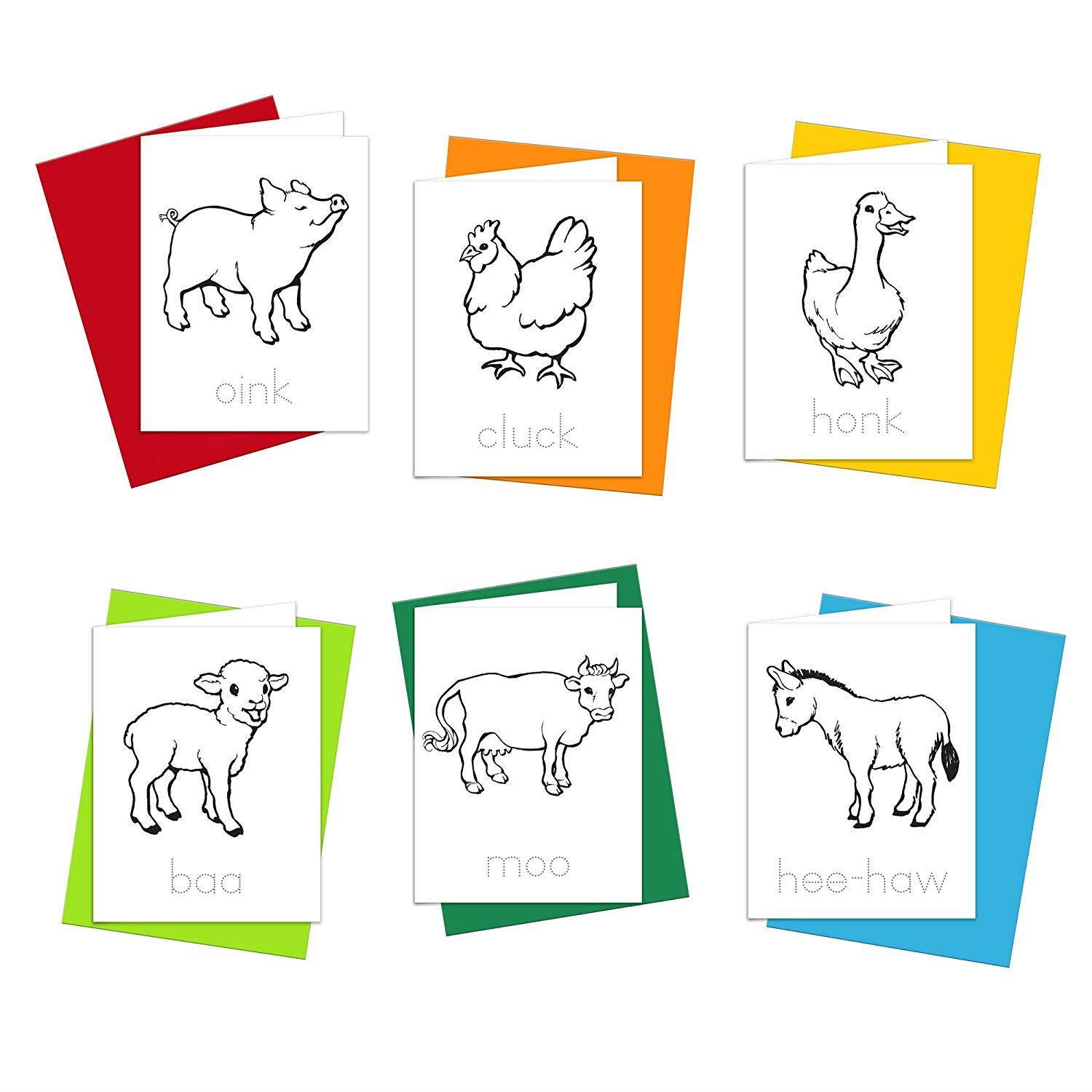 Note Cards - Farm Animals Greeting Cards for Kids to Color, Trace Letters and Practice Writing - Eco-friendly Stationery for Children - 100% Recycled Note Cards with Envelopes &ndash; Blank Inside