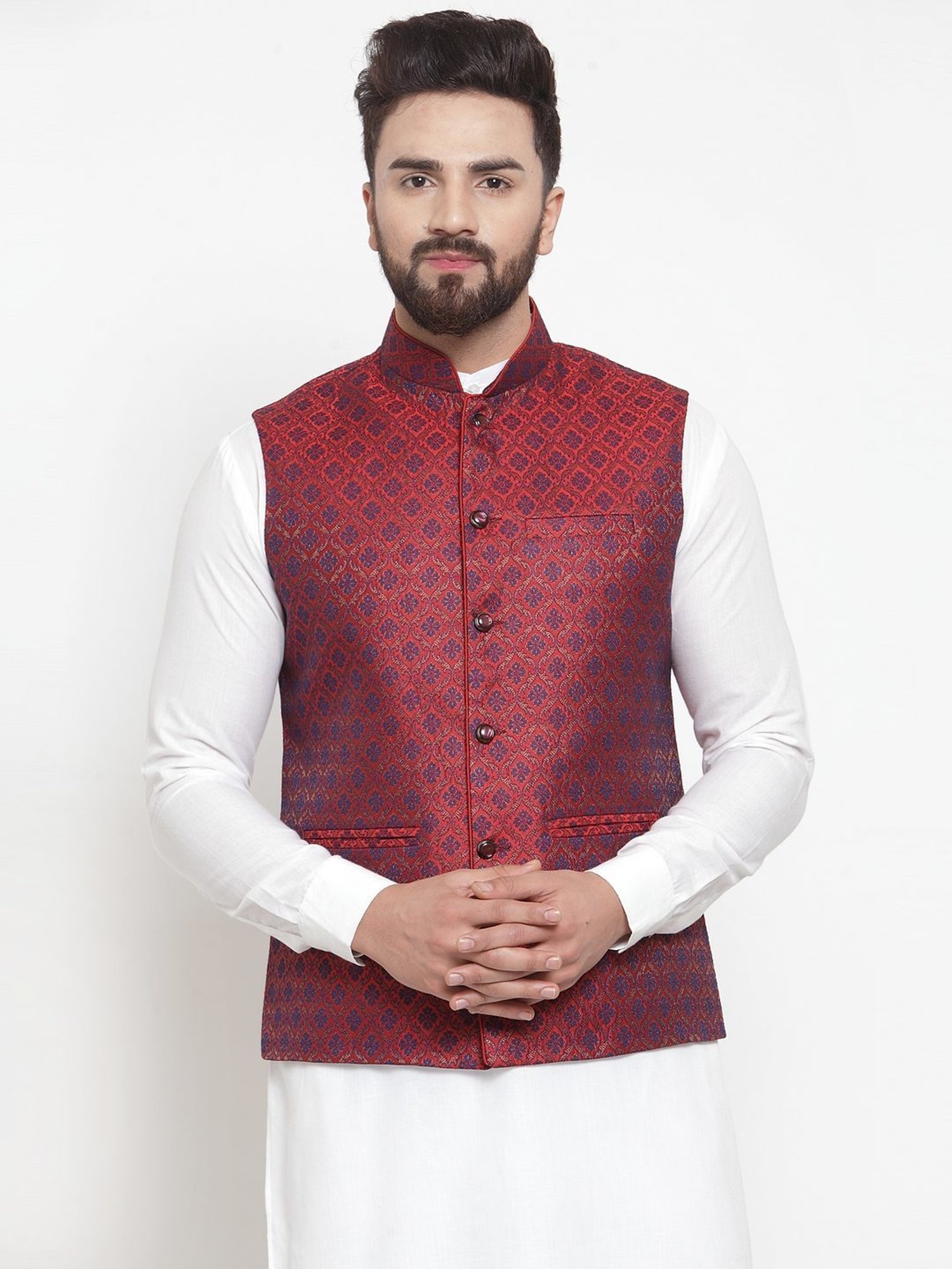 Treemoda Maroon Regular Fit Self Pattern Nehru Jacket