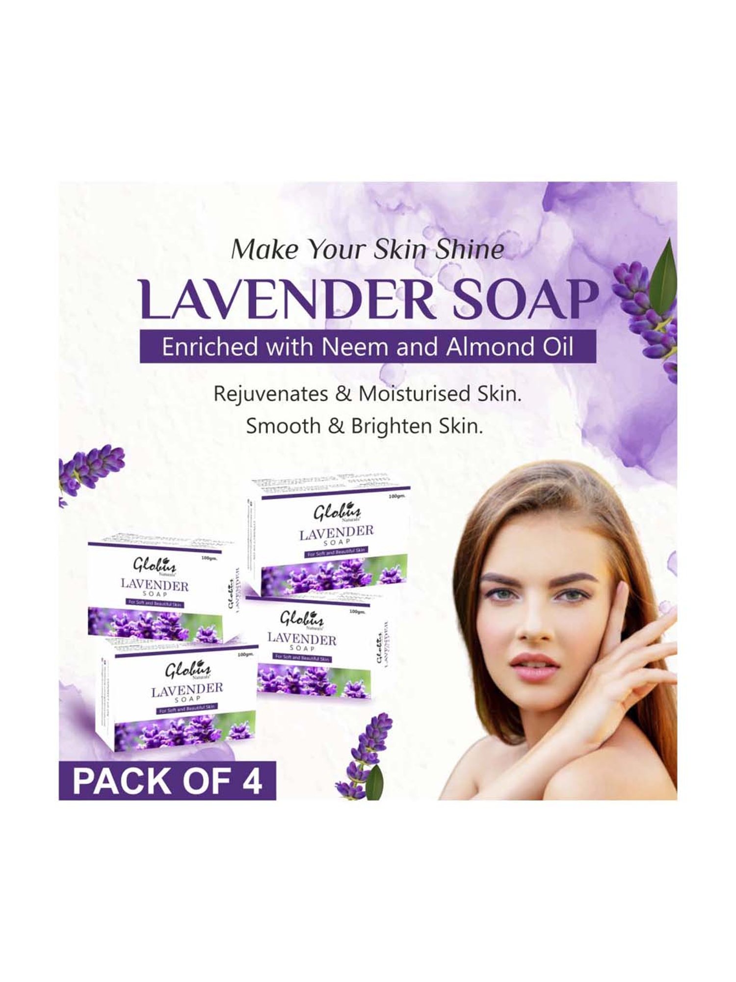 Globus Naturals Lavender Soap for Soft & Beautiful Skin - 100 gm (Pack of 4)