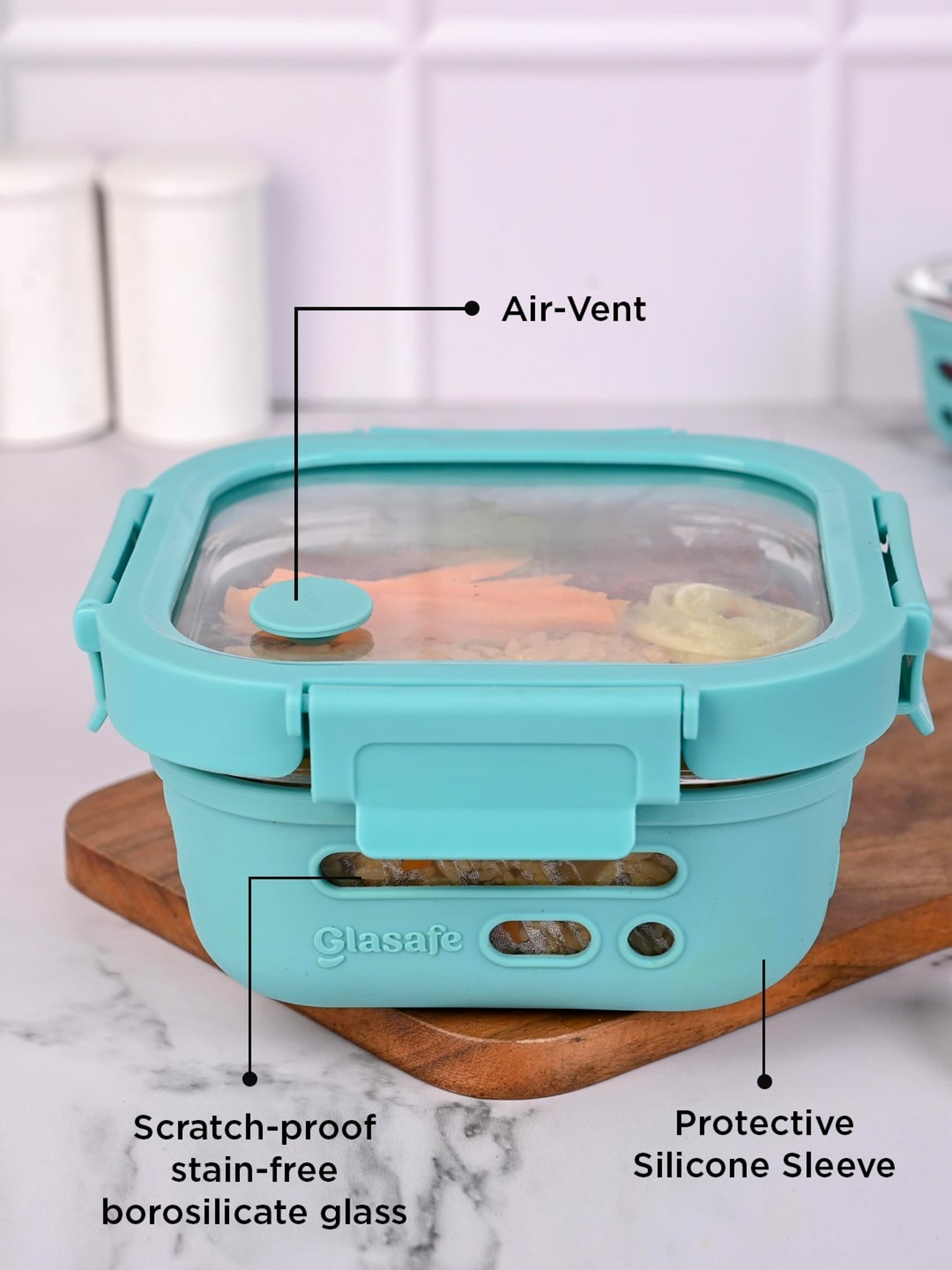 Glasafe Fresh Grip Mellow Green Borosilicate Tiffin with Protective Silicone Sleeve (320ml)