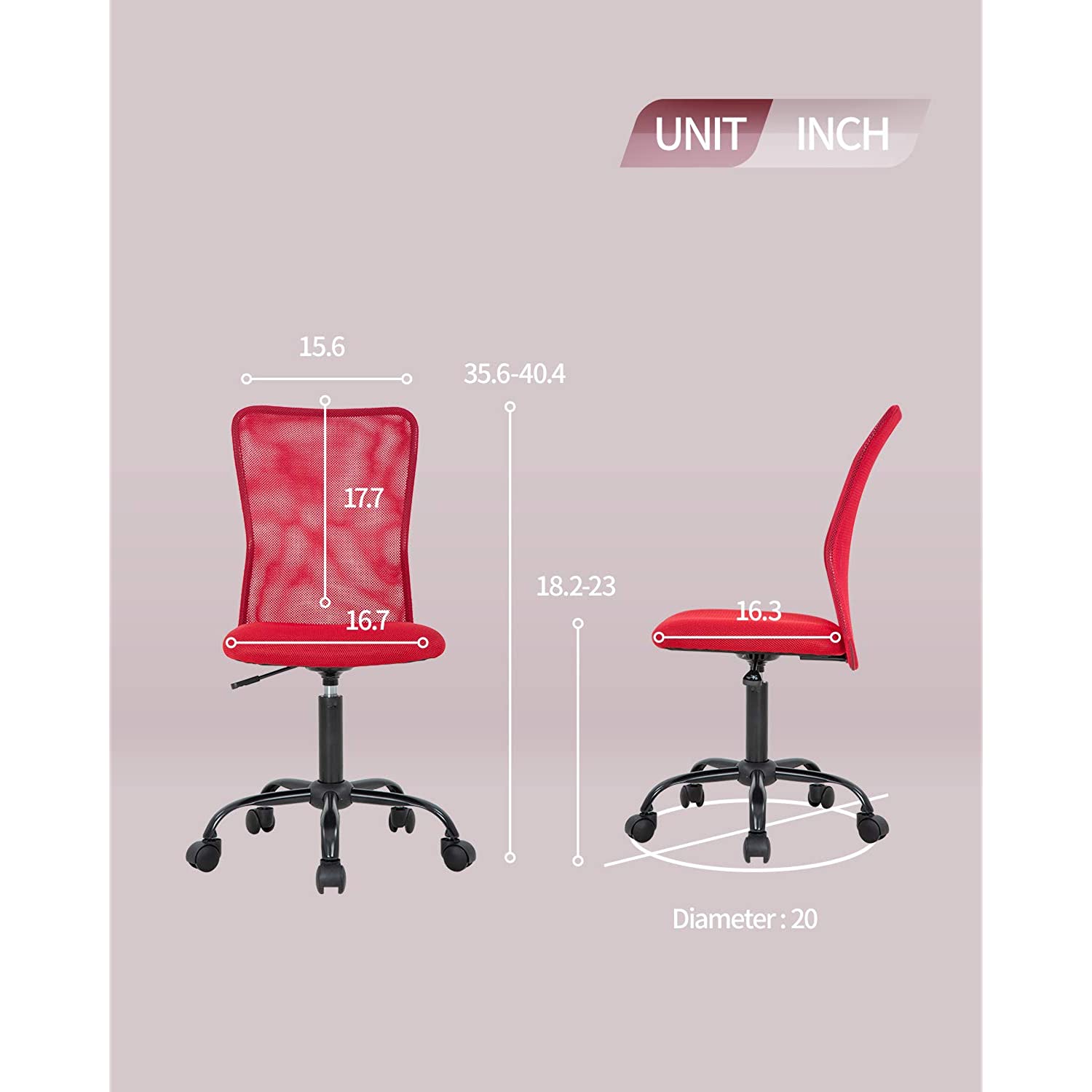 Home Office Chair Ergonomic Desk Chair Mesh Computer Chair with Lumbar Support Rolling Swivel Adjustable Mid Back Task Chair for Girls(Red)