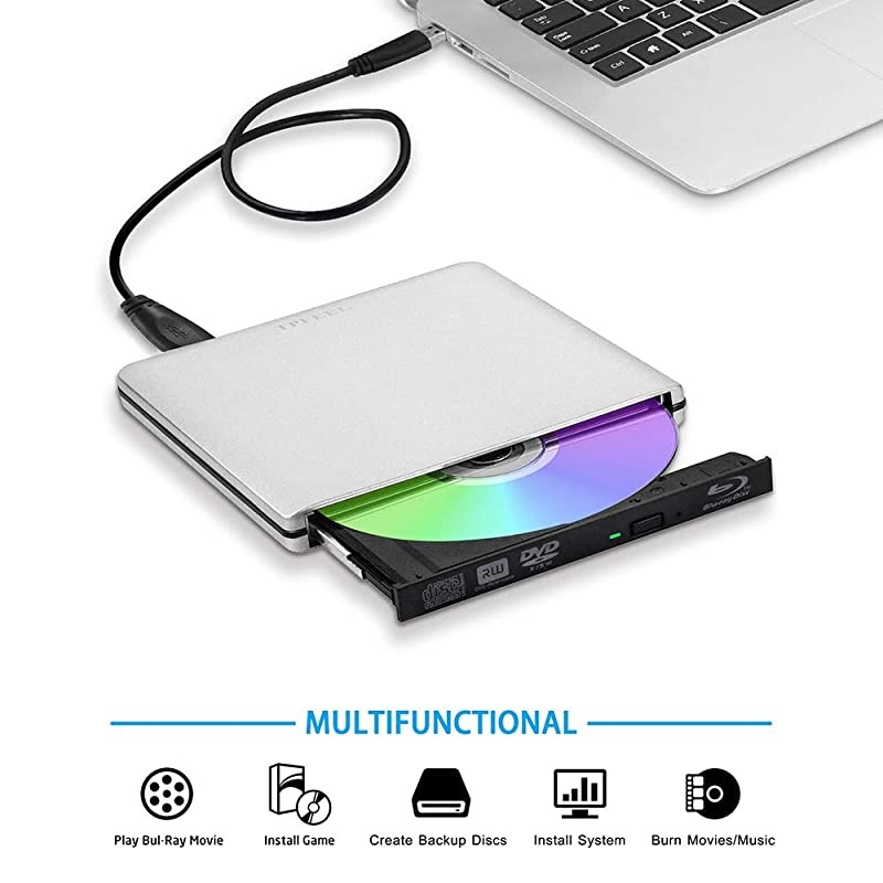 USB30 External BluRay Burner Drive Aluminum USB C Portable BluRay Writer Reader 3D 6x Slim BD CD DVD Player for Windows XP7810Mac OS Laptop DesktopSilver