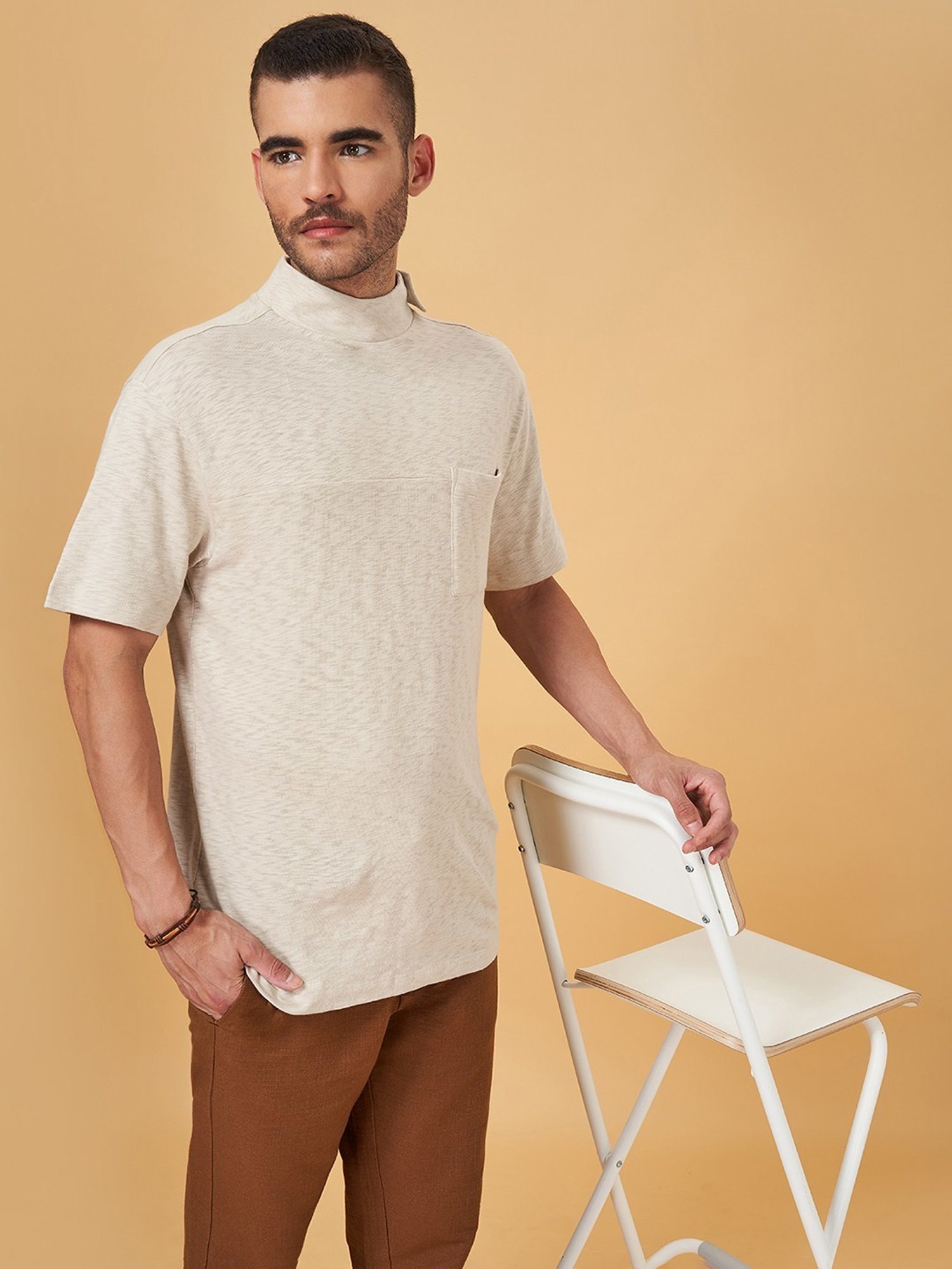7 Alt by Pantaloons Beige Cotton Relaxed Fit T-Shirt