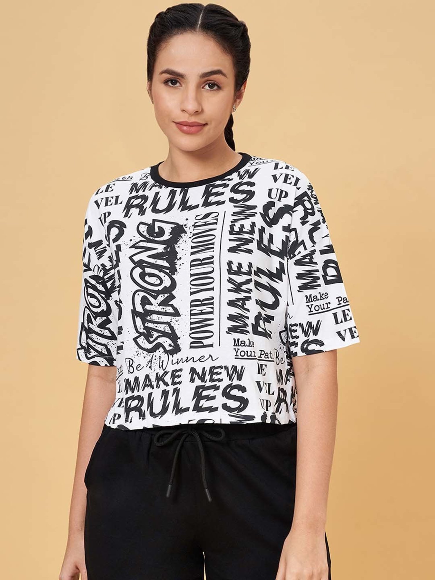 Ajile by Pantaloons White & Black Cotton Printed Sports T-Shirt