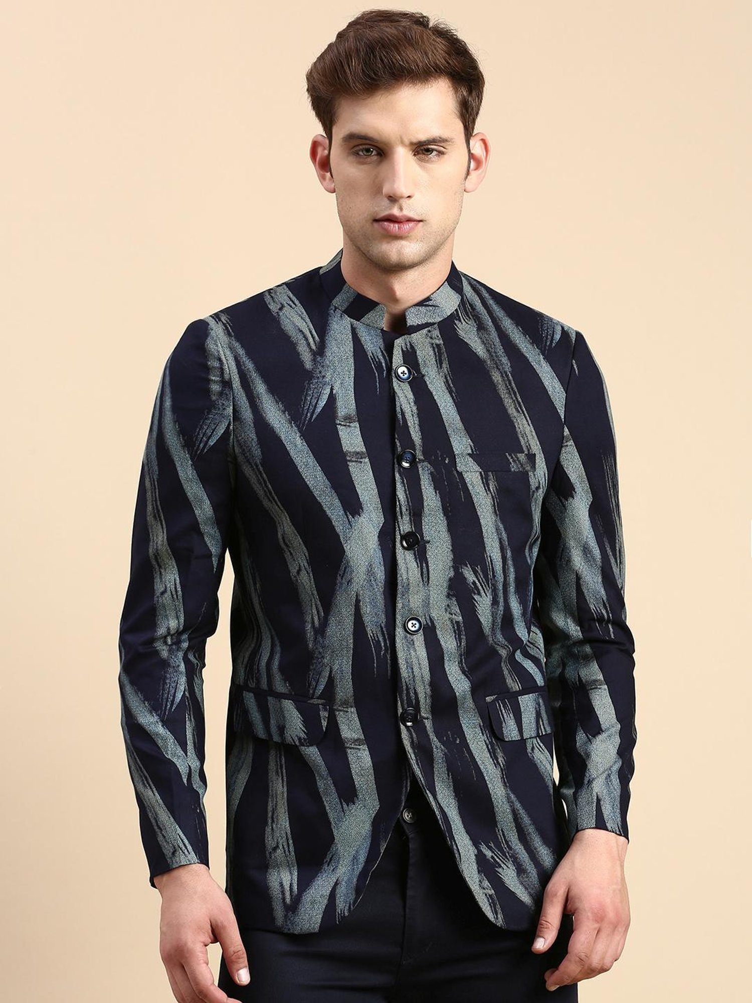 SHOWOFF Navy Blue Cotton Slim Fit Printed Blazer