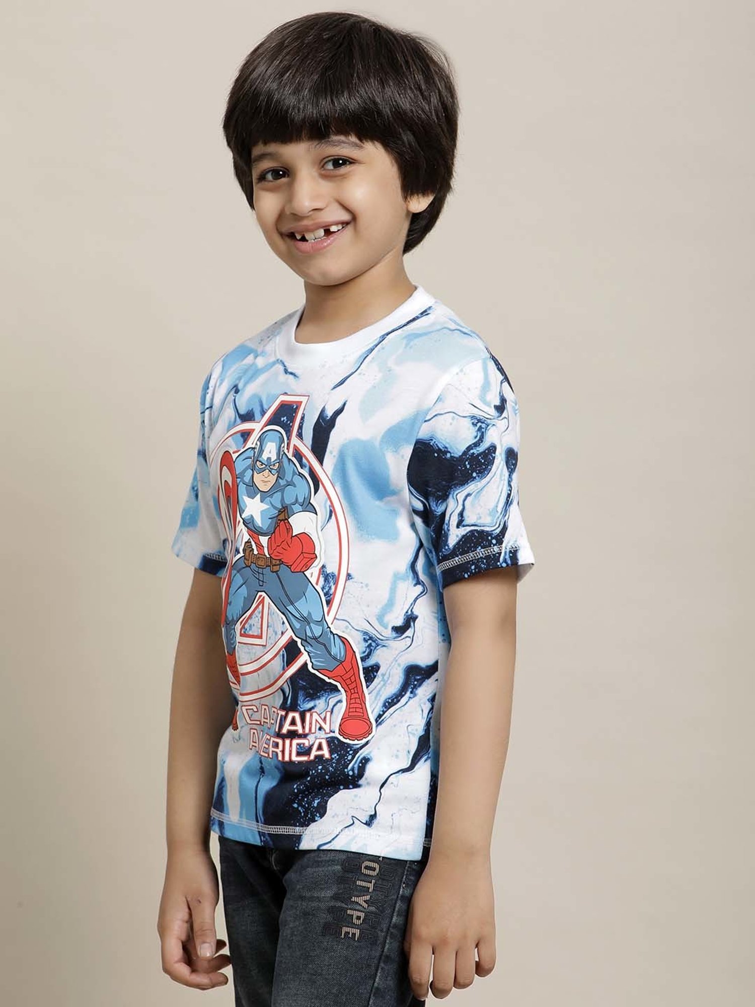 Kidsville Blue & Red Cotton Printed Captain America T-Shirt