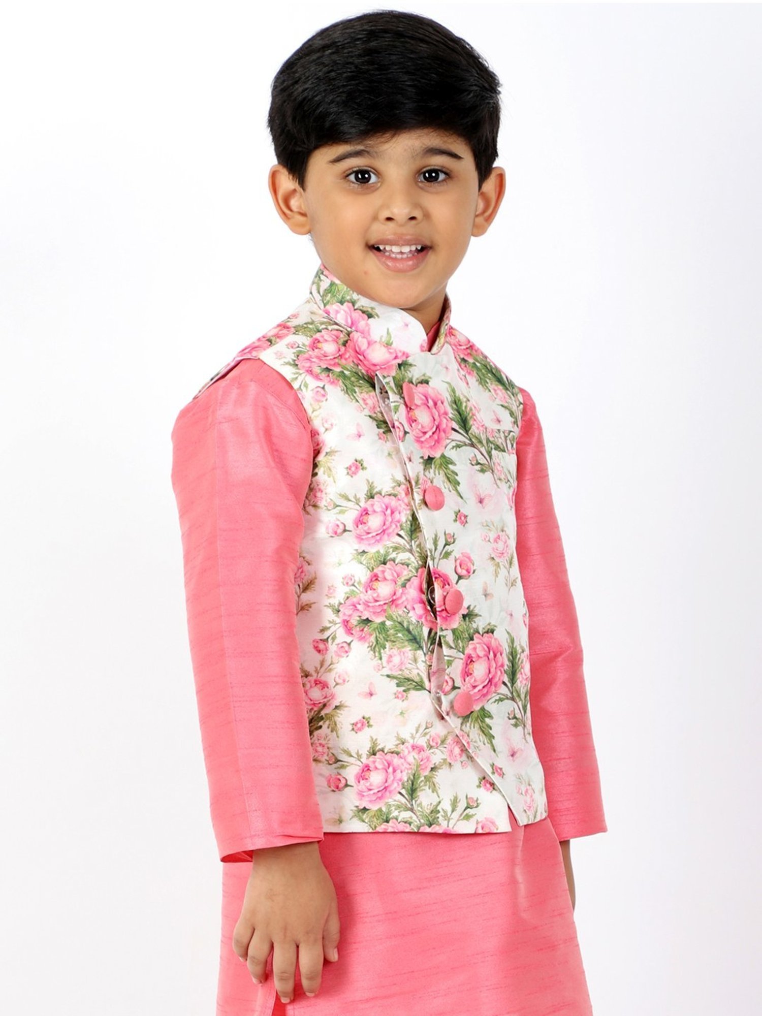 VASTRAMAY Kids Pink & White Floral Print Nehru Jacket