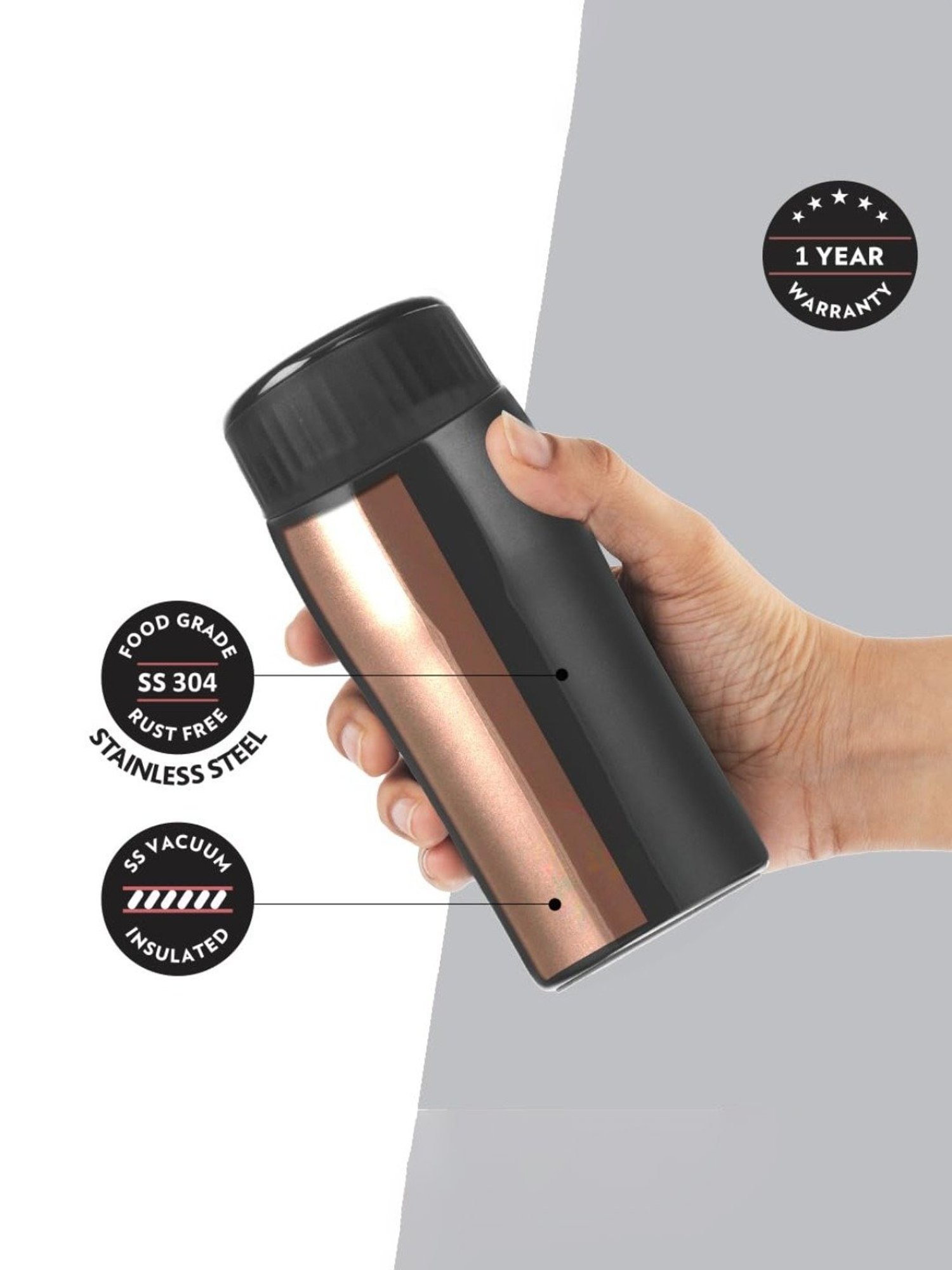 Borosil Black Stainless Steel 6 Hours Hot and 8 Hours Cold Water Bottles (320ml)