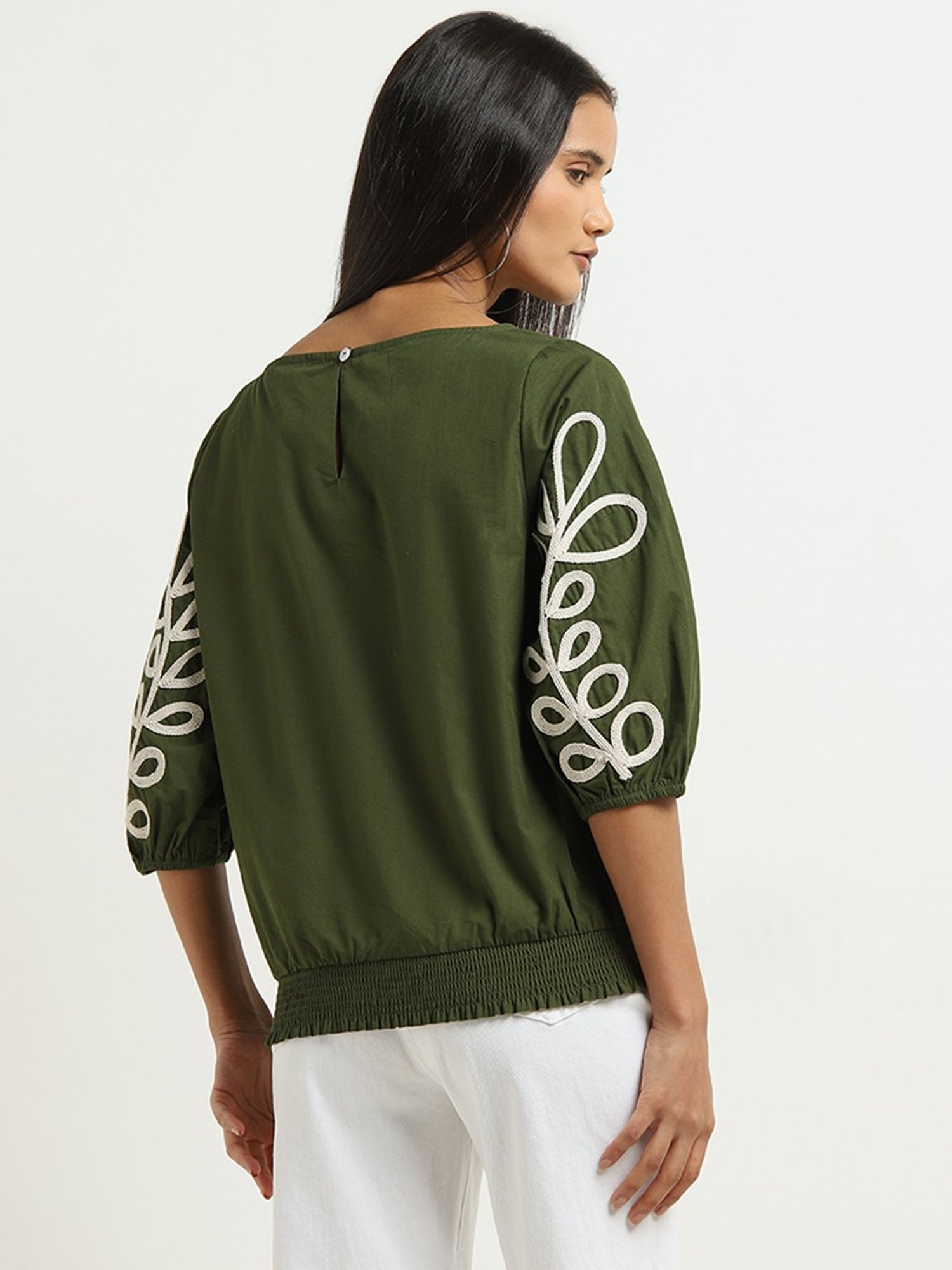 LOV by Westside Olive Leaf Embroidered Cotton Top