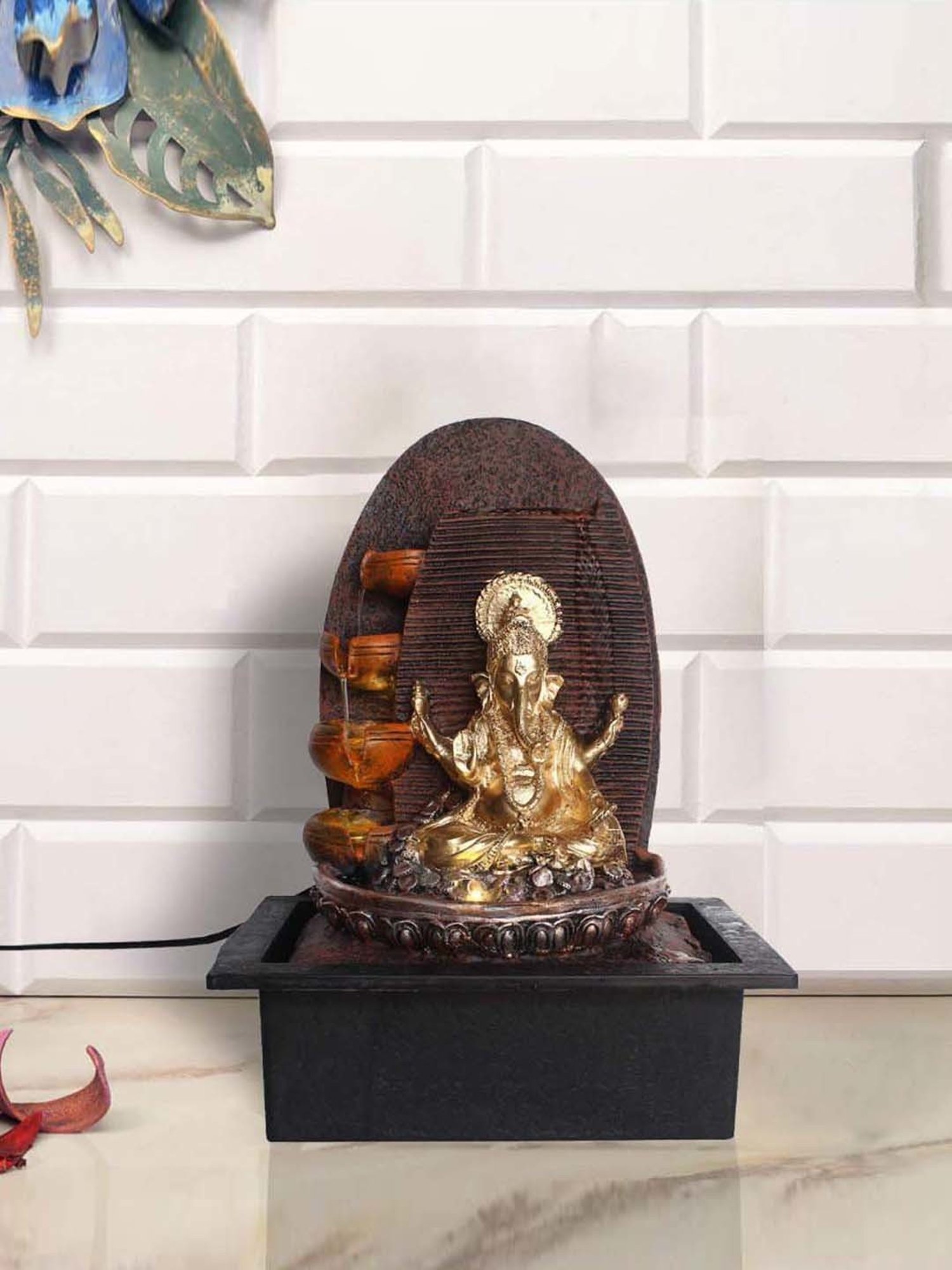 CHRONIKLE Golden & Brown Polyresin Ganesha Idol 4 Steps Waterfall Fountain