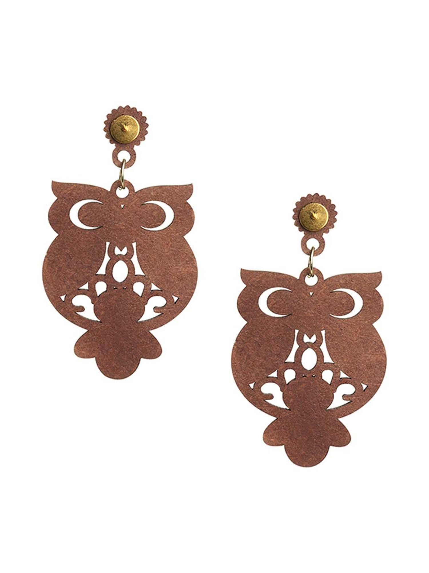 ExclusiveLane 'Symphony of Owls' Brown & Yellow Handpainted Earrings in Recycled Wood