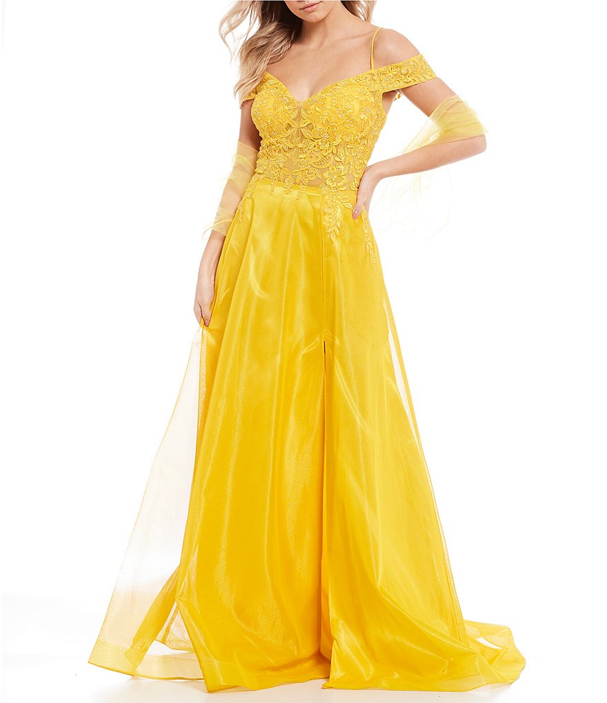 Coya Collection Off-The-Shoulder Lace-Up Back Embroidered Bodice Shimmer Ball Gown