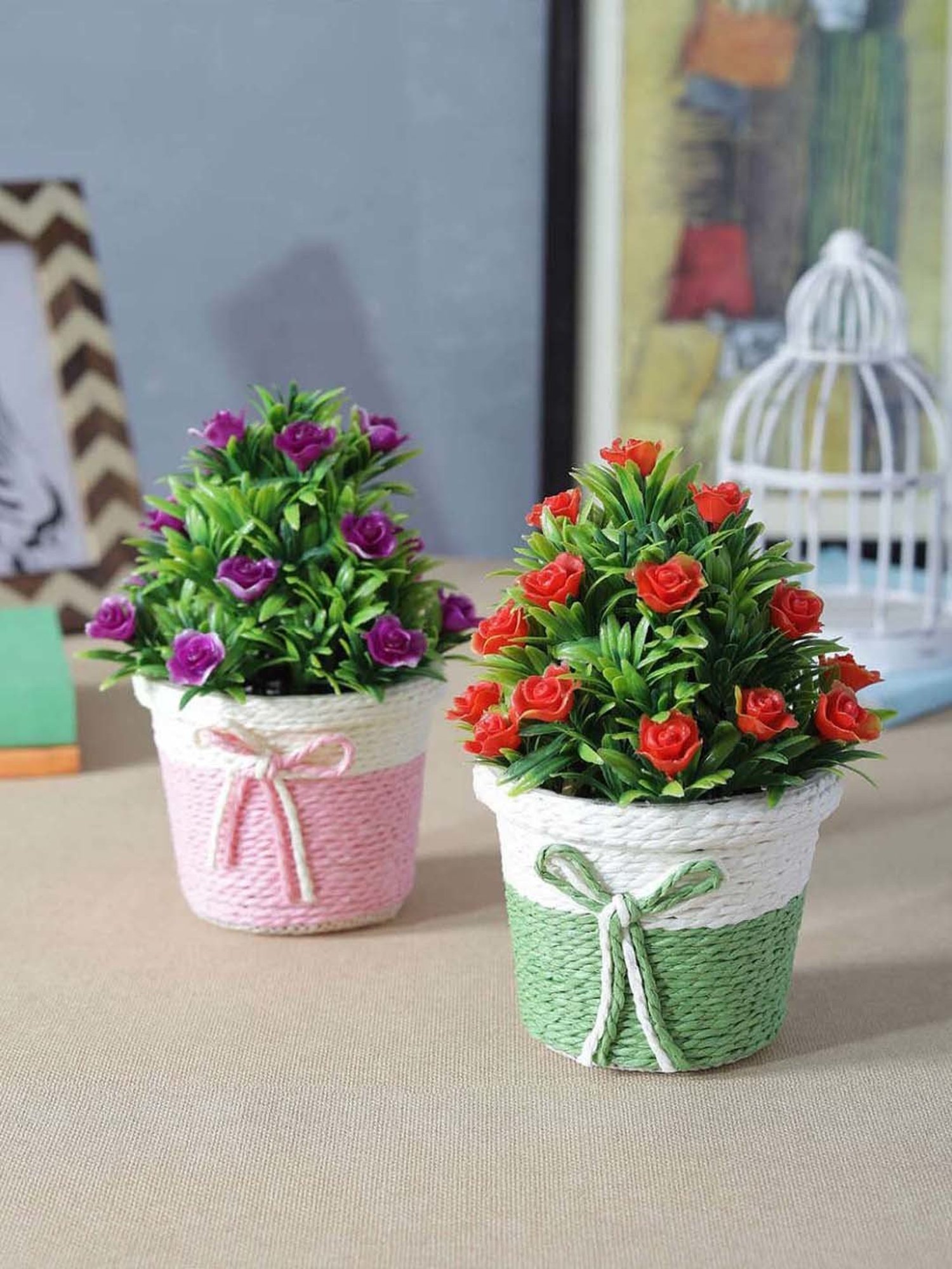 Foliyaj Multicolor Plastic Artificial Flower Plant With Pot - Set of 2