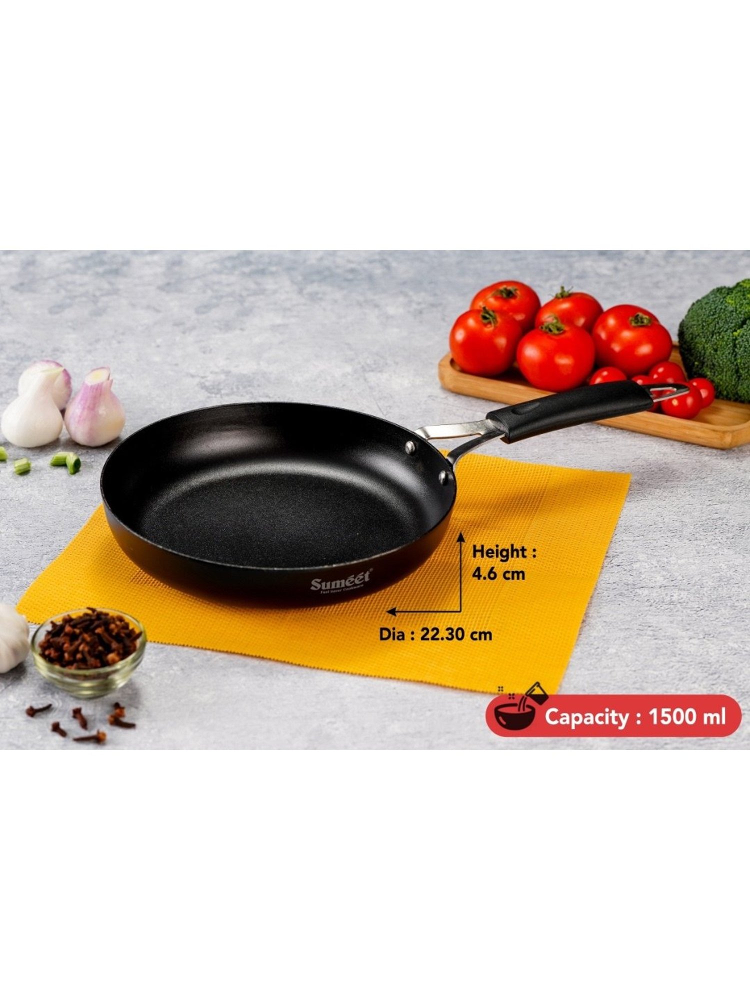Sumeet Pre Seasoned Carbon Steel (Iron) Fry Pan for Frying |22.3cm|1500ml, Gas & Induction-Friendly