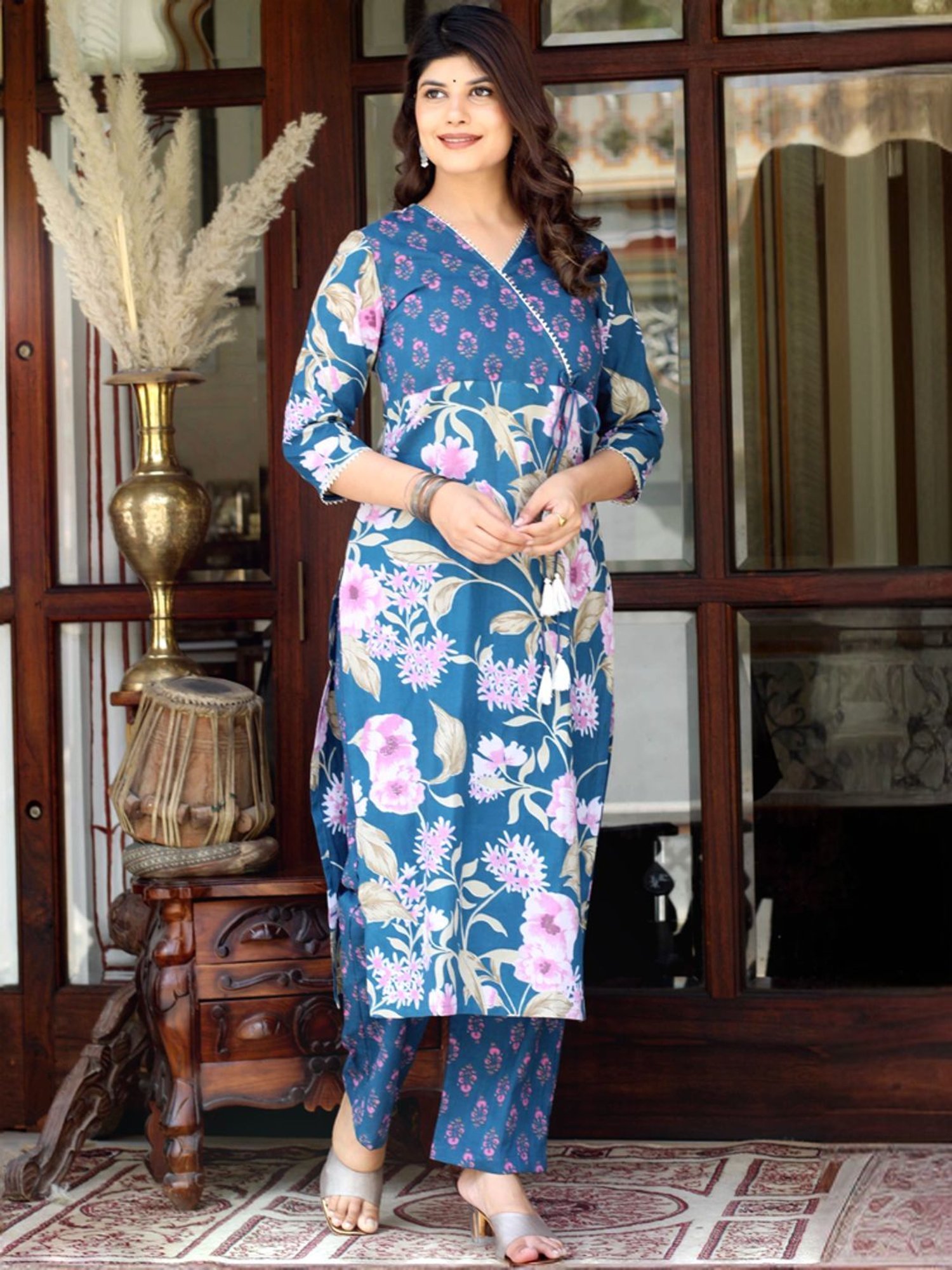 Miravan Blue Cotton Floral Print Kurta Palazzo Set