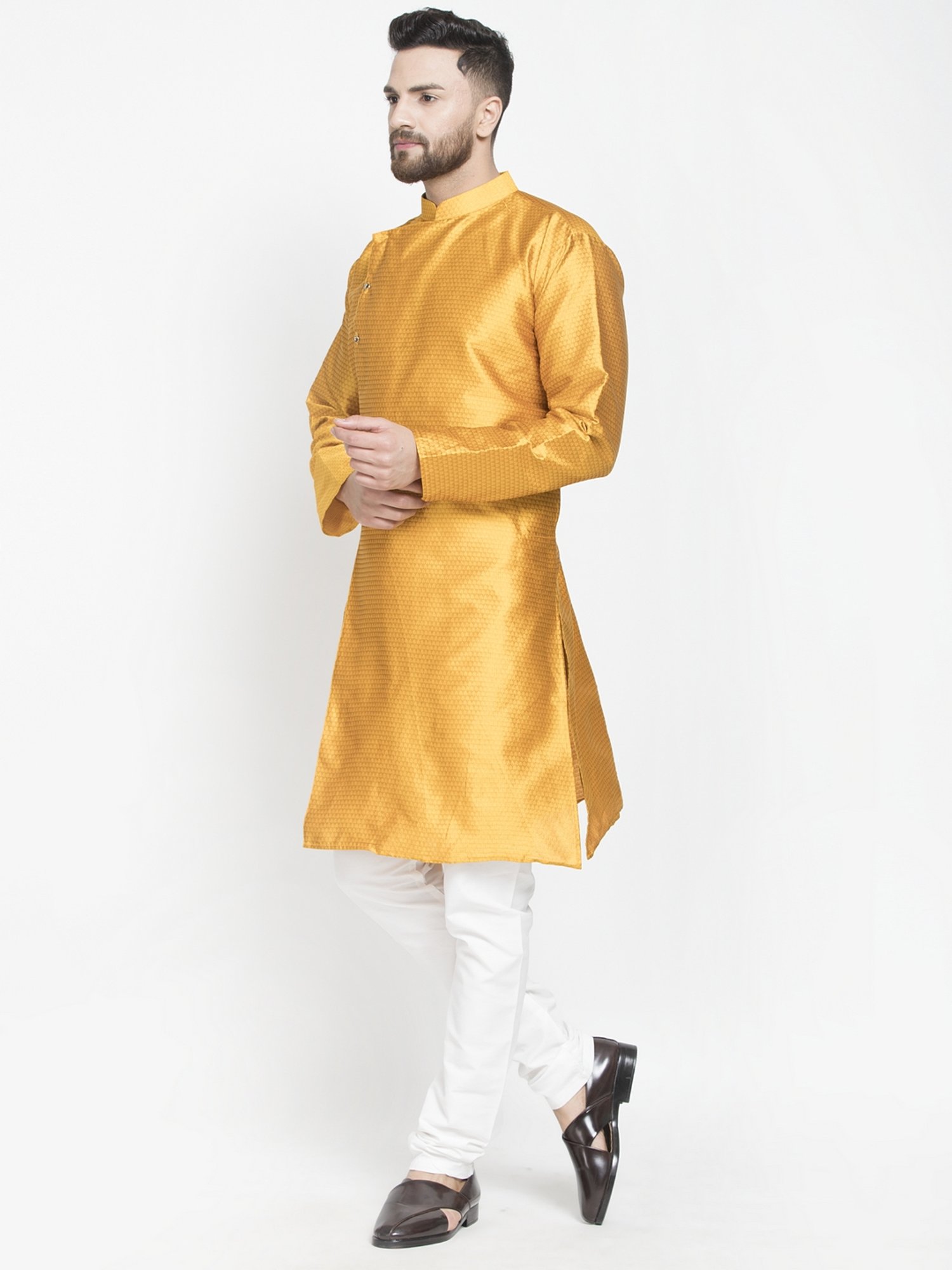 Benstoke Mustard & White Regular Fit Self Pattern Kurta Set