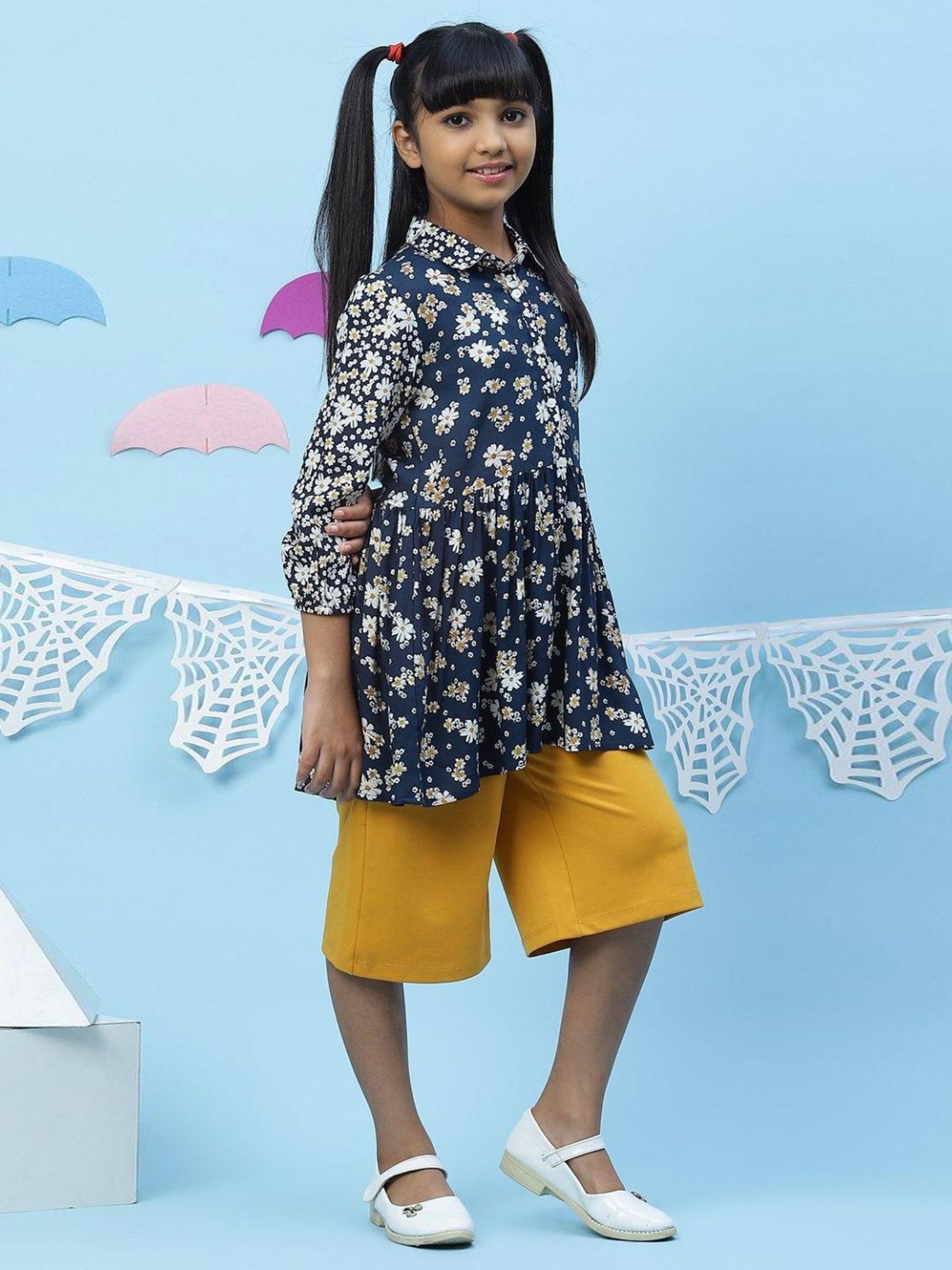 BIBA Girls Navy Floral Print Dress