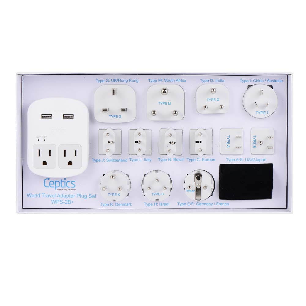 International Plug Adapter Kit, Ceptics World Safest Grounded 13 Adaptor Set Dual USB Ports - Travel Anywhere - Business Use - Perfect for Laptops, Cell Phones, Charger - Surge Protection (WPS-2B-All)
