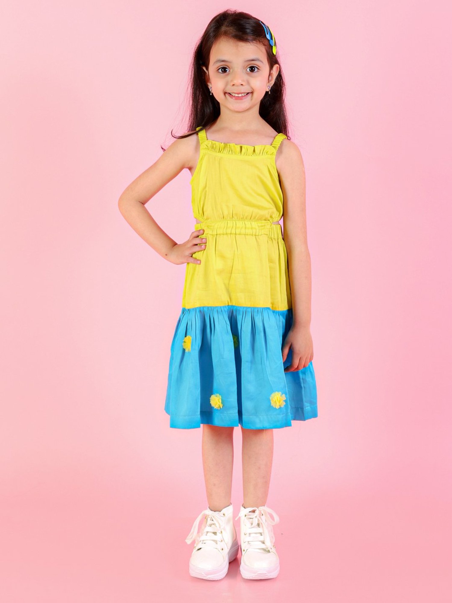 Lil Drama Kids Yellow & Blue Solid Dress