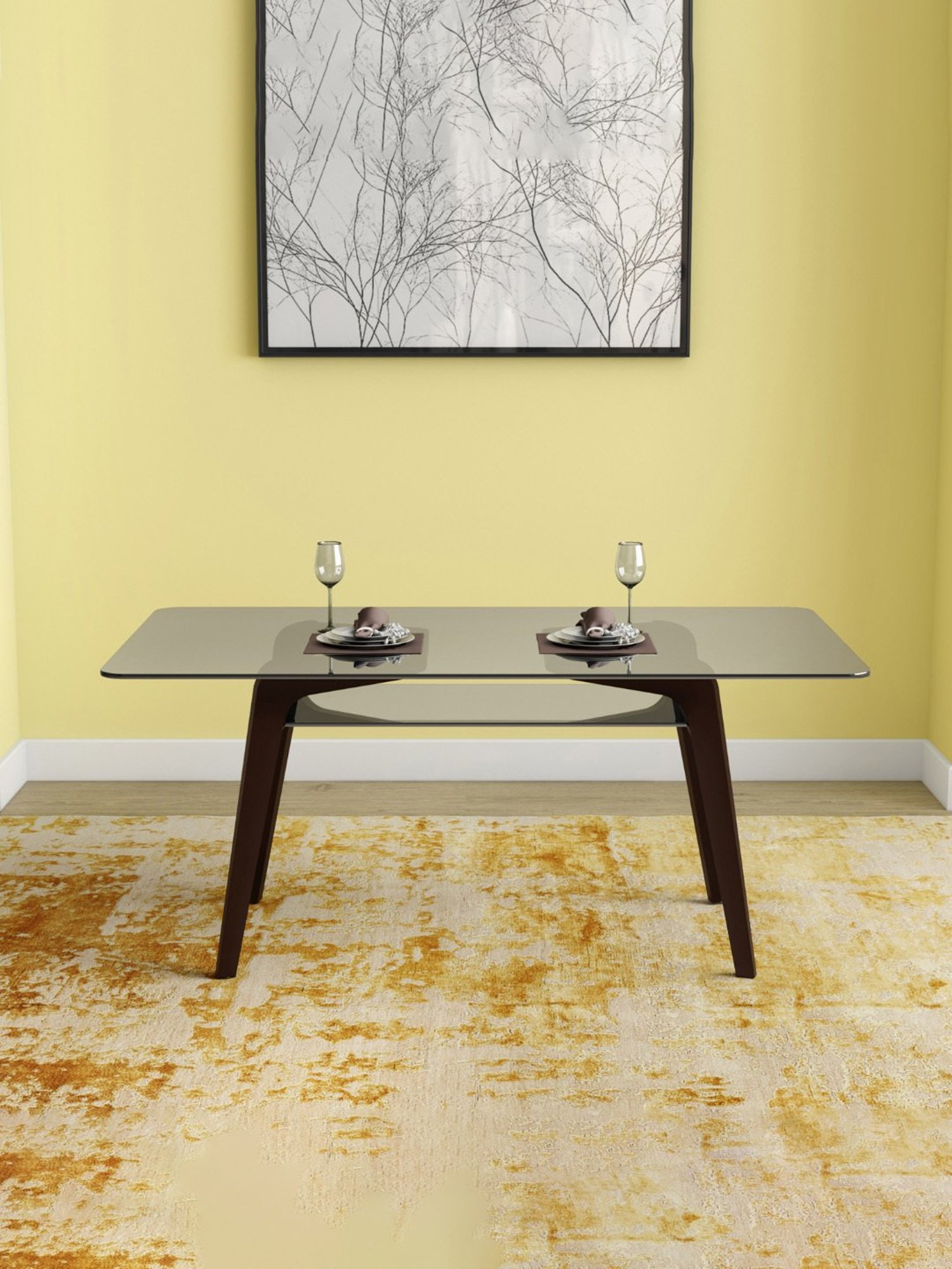 Godrej Interio Meridian Brown Tempered Glass 6 Seater Rectangular Dining Table