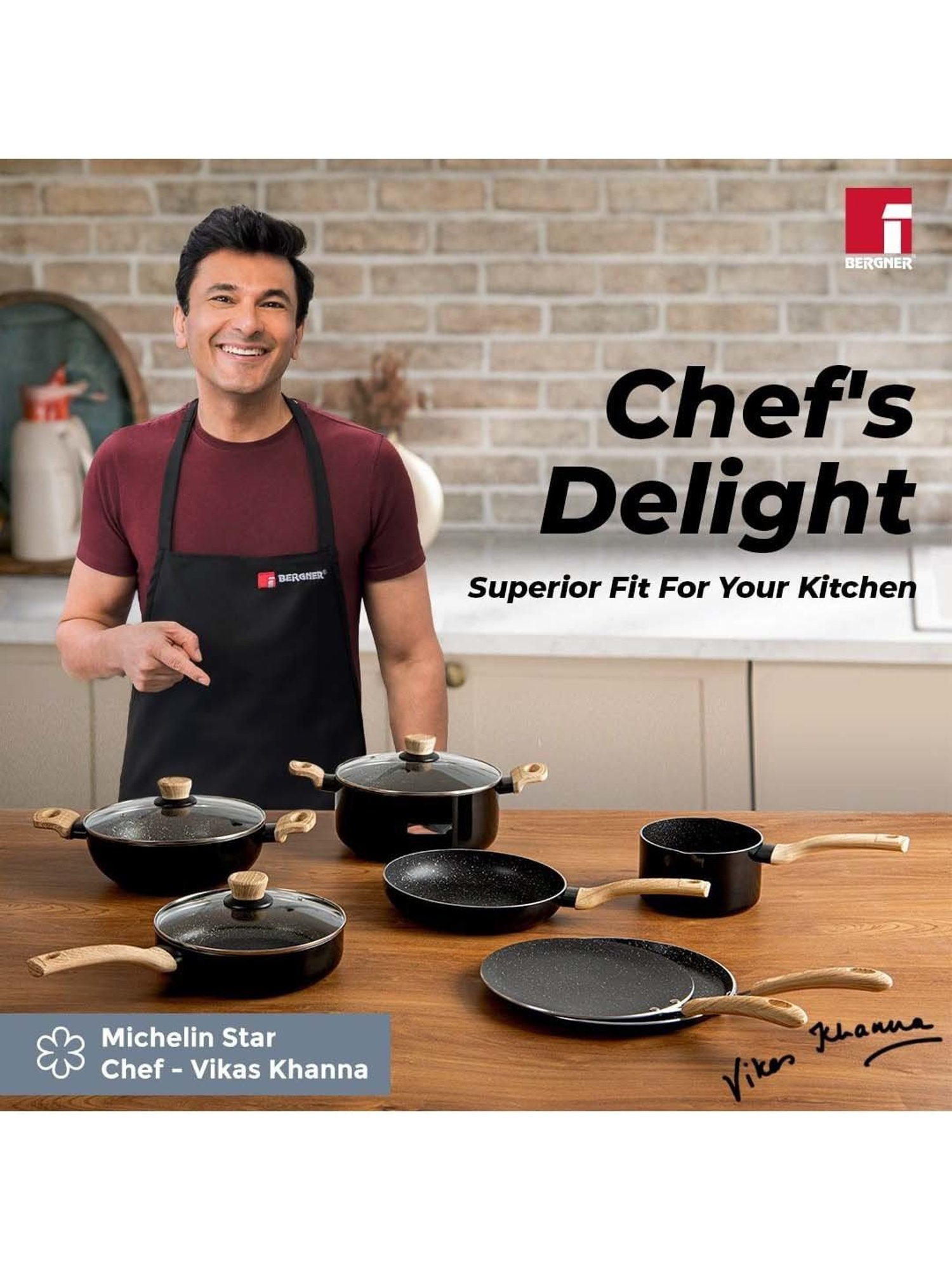 Bergner Bellini & Aura Black 16 cm Induction Saucepan With Wooden Finish Handle (1.8 L)