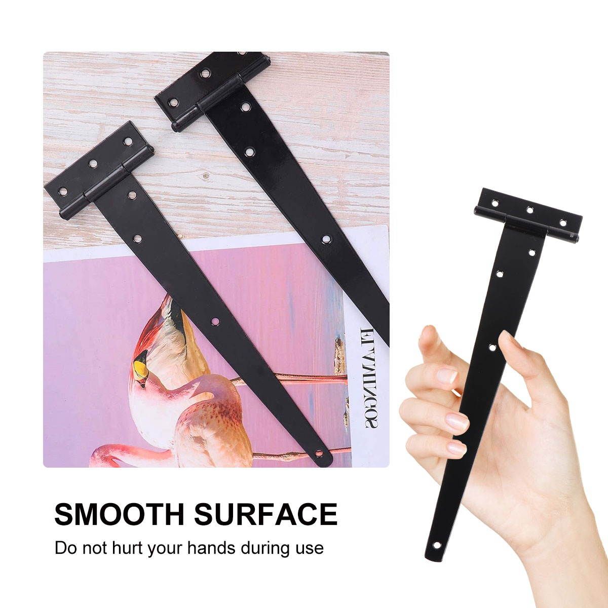 2PCS 12 Inches T Shape Rustproof Iron Light Duty Shed Hinge Gate Strap Hinge Door Gates Hinges (Black)