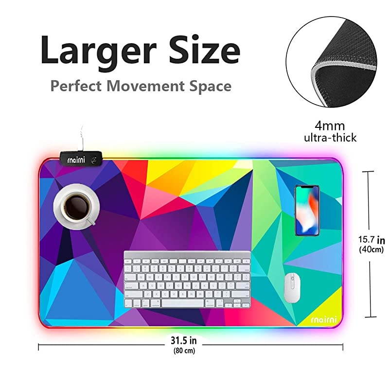 Extended RGB Mouse Pad Mat  Large Office Table Desk Mat Gaming Lighting Led Mousepad for PC Computer MacBook Keyboard Waterproof AntiSlip Ultra Thin 4mm 315 x 157 Colorful