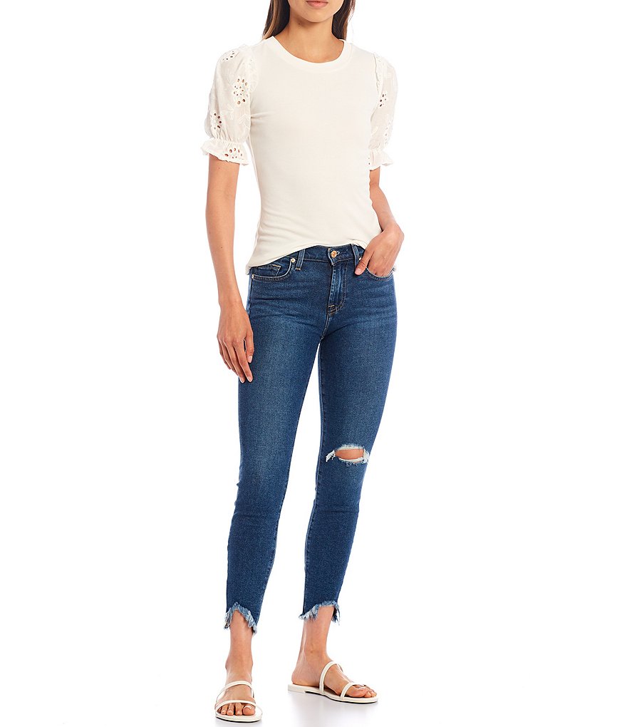 7 for all mankind Mid Rise Destruction Detail Frayed Hem Skinny Ankle Jeans