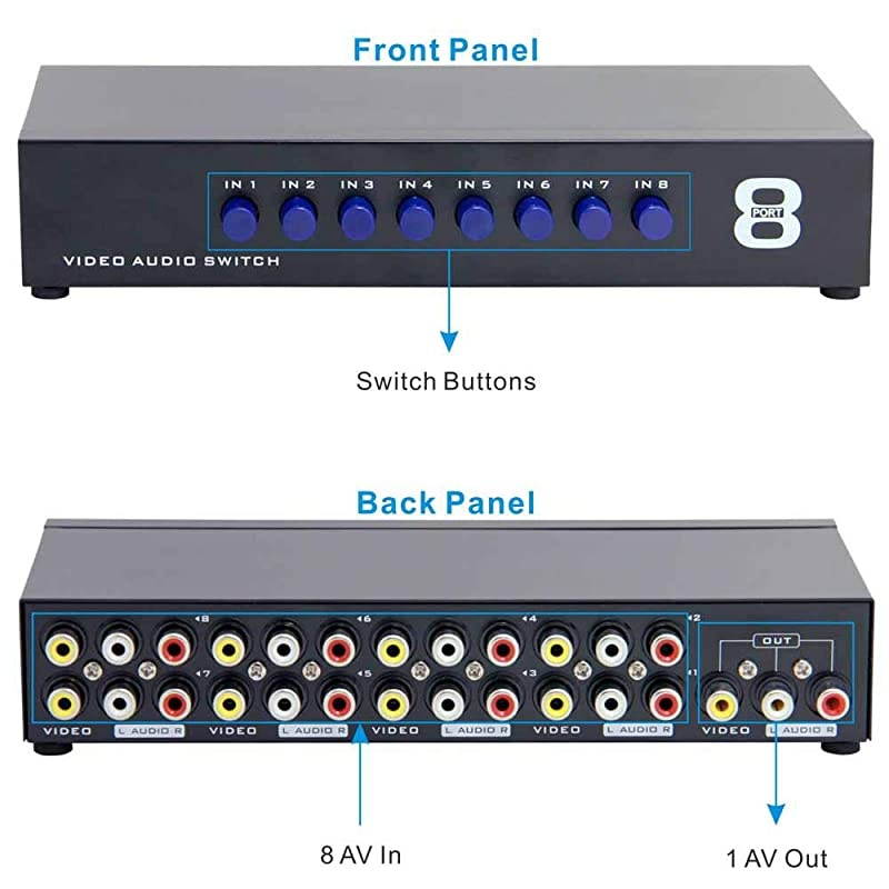 8-Way AV Switch RCA Switcher 8 in 1 Out Composite Video L/R Audio Selector Box for DVD STB Game Consoles