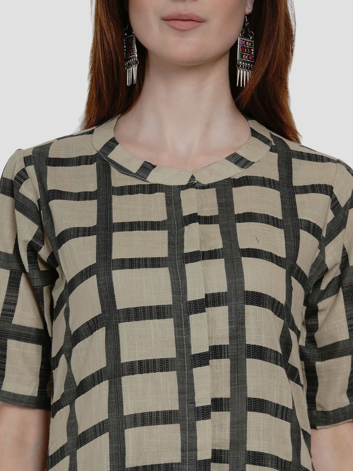 Women Republic Beige Cotton Chequered A Line Kurta