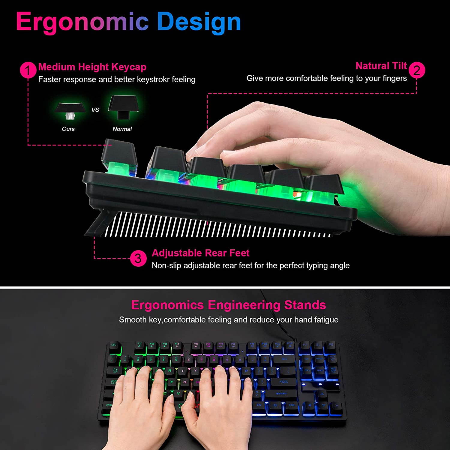 High Performance 87 Keys Compact Gaming Keyboard, USB Wired LED Rainbow Backlit Tenkeyless Gaming Keyboard for Laptop Ps4 PC Computer Game and Work