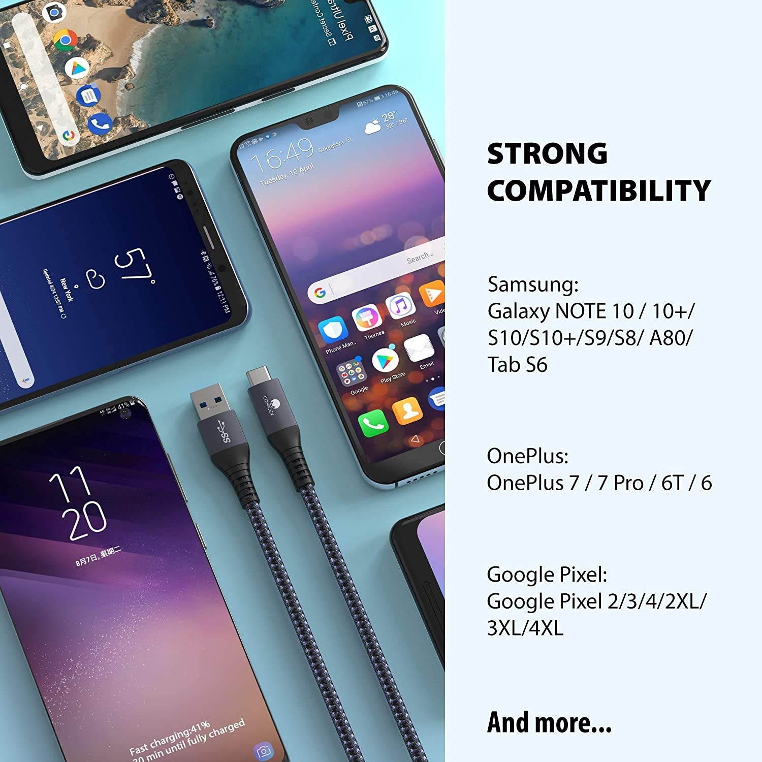 USB C Cable UP 10Gbps CONMDEX (2-Pack) USB-C 3.1 Gen 2 USB-A Android Auto Cable 3A Fast Charging Sync Data Transfer Cord for Samsung Galaxy S10/S9/S8 Note 9/8 6.6FT