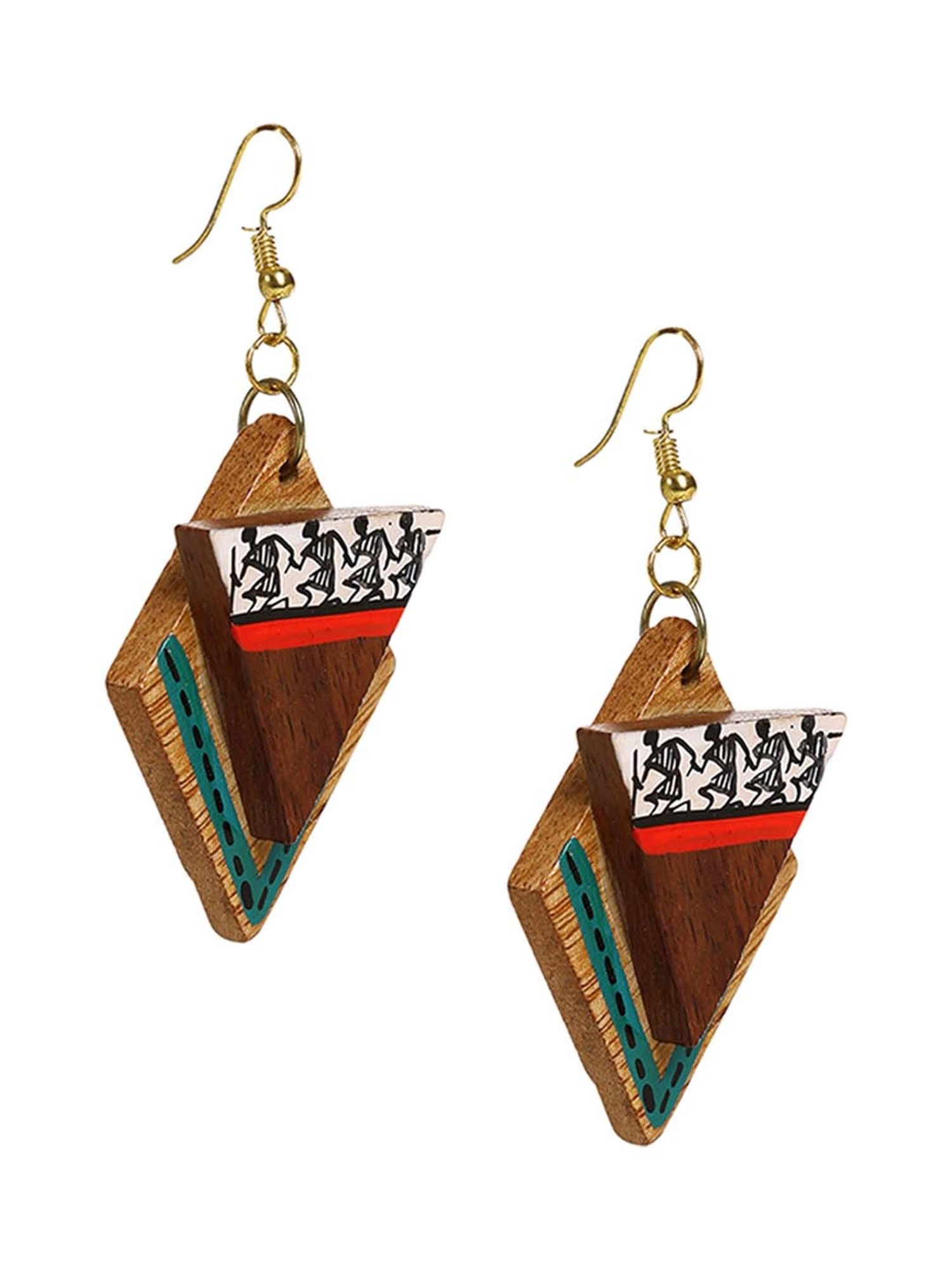 ExclusiveLane 'Dancing Tribal Warli' Brown & White Handpainted Earrings (Warli Art in Sheesham Wood)