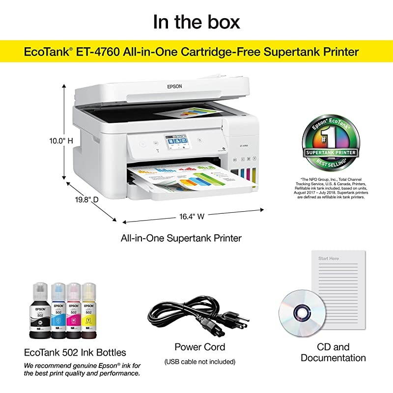EcoTank ET4760 Wireless Color AllinOne CartridgeFree Supertank Printer with Scanner Copier Fax ADF and Ethernet White