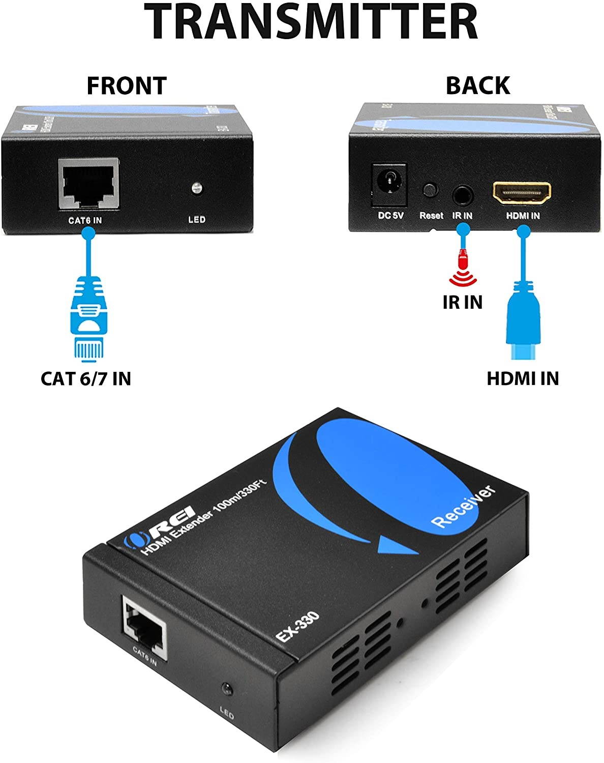 HDMI Extender Balun by Orei Upto 330 Feet 1080p Signal Over Single CAT5e/CAT6 Ethernet Cable, Deep Color & 164-Feet HDMI Extender Over Single CAT5e/CAT6 up to 1080p, Full HD, Loop Out Option