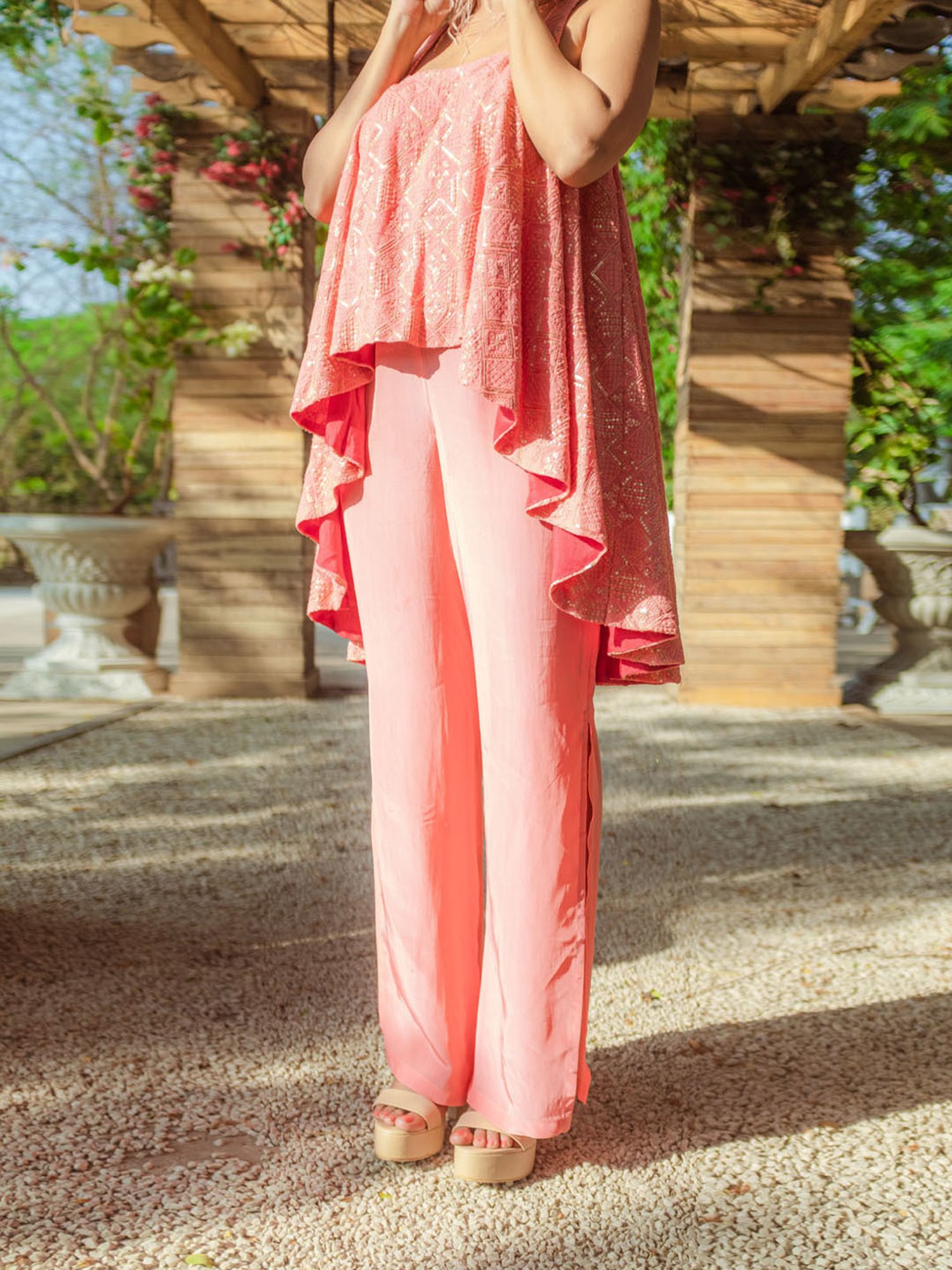 Monk and Mei Asin Chikankari High Low Top & Slit Pants